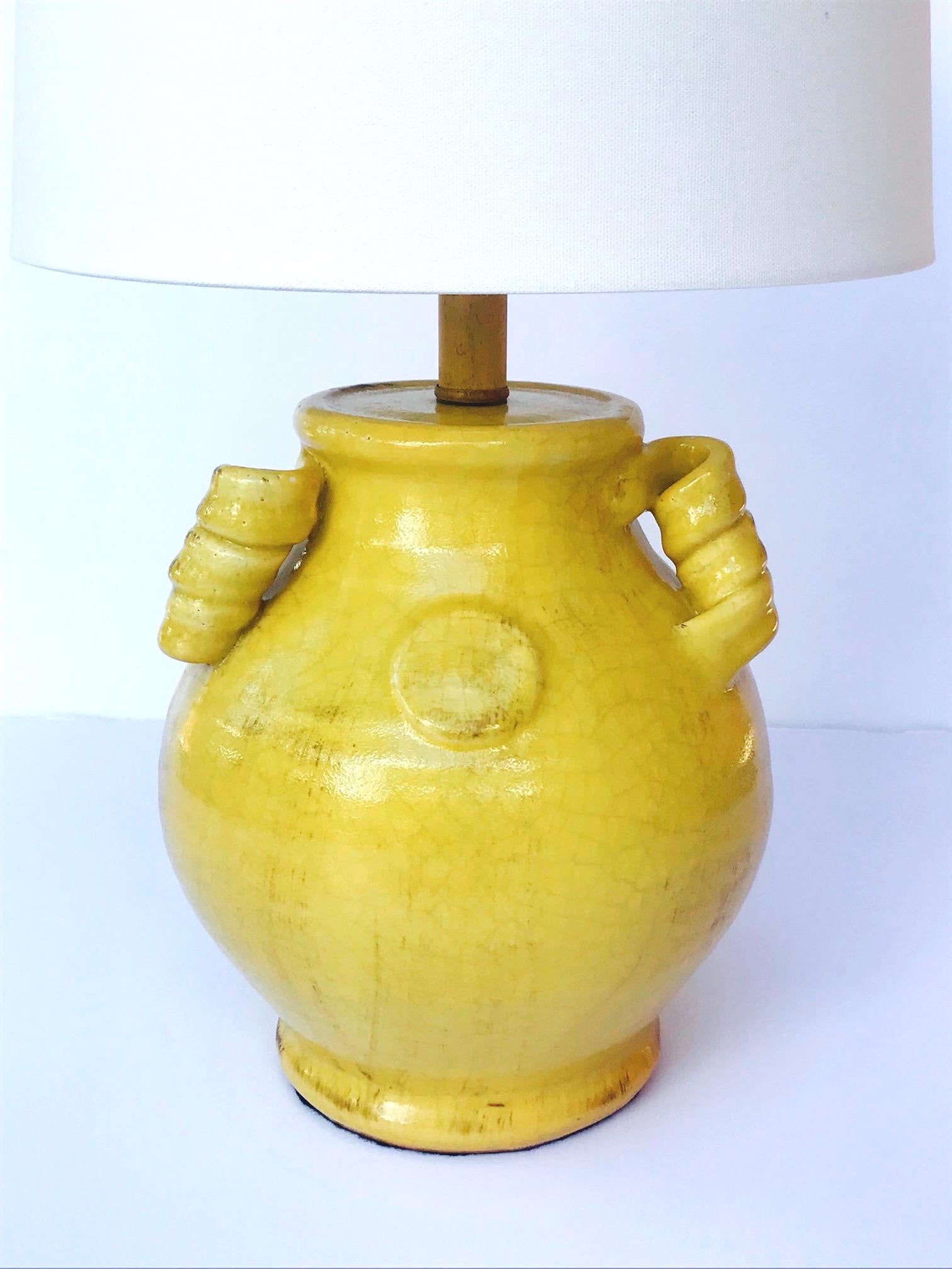 Late 20th Century Pair of Vintage Chinese Pottery Lamps with Antique Yellow Glaze, c. 1980's