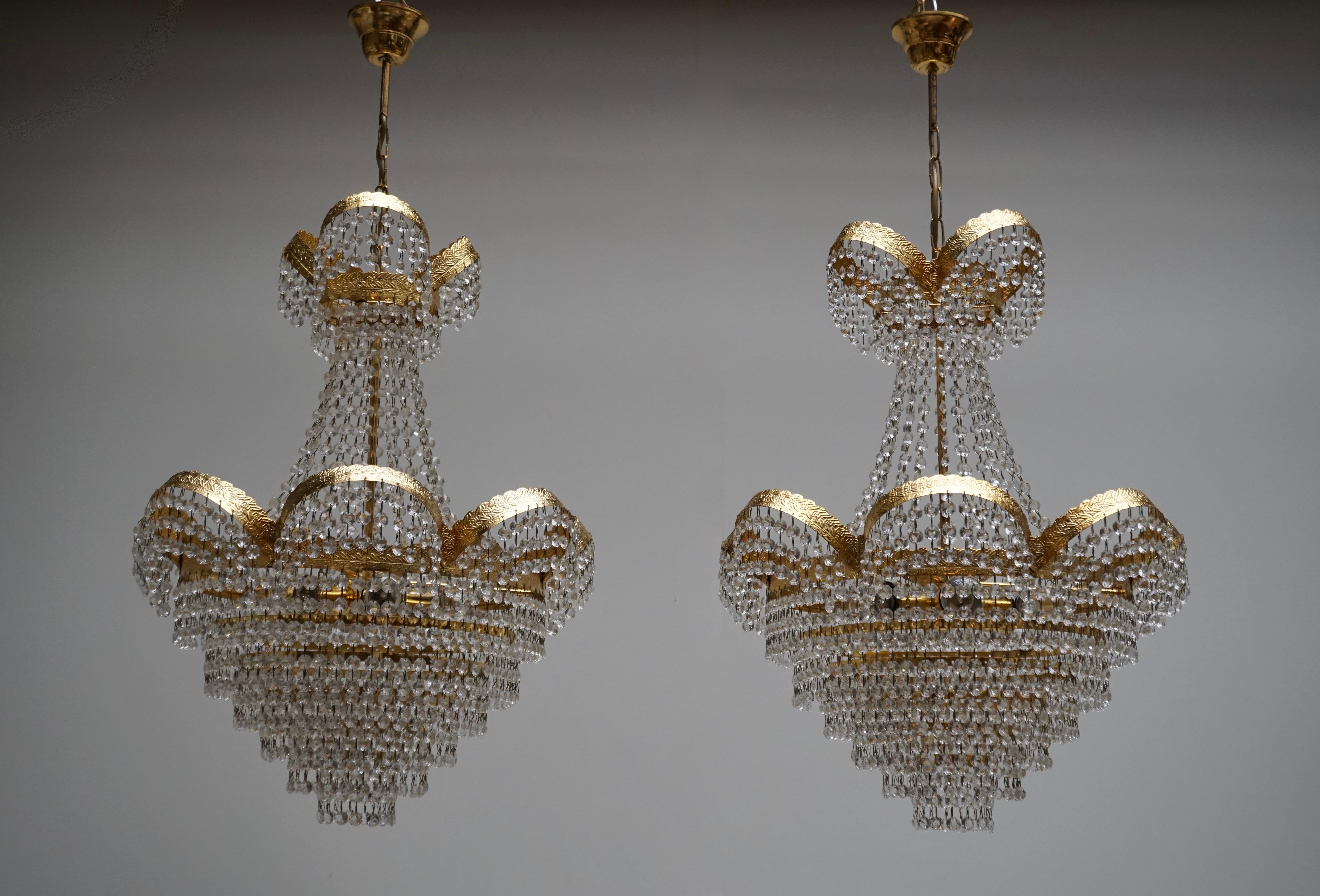 Hollywood Regency One Elegant Crystal and Brass Chandelier For Sale