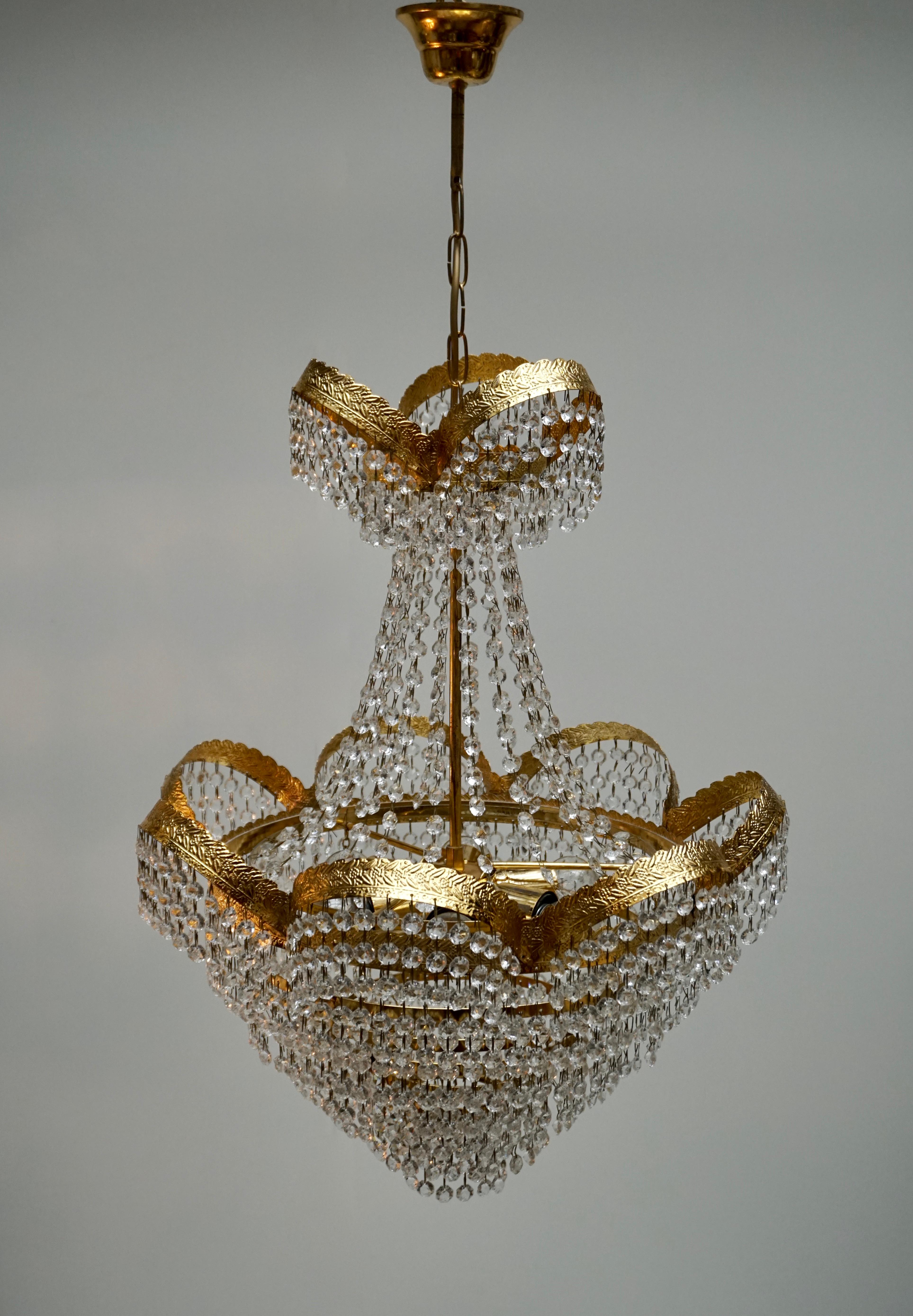 20th Century One Elegant Crystal and Brass Chandelier For Sale