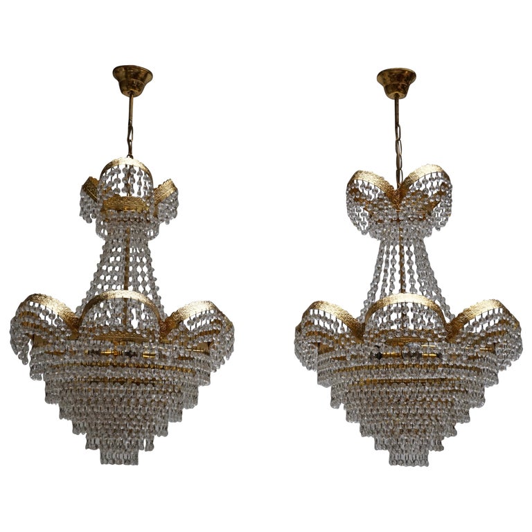 One Elegant Crystal and Brass Chandelier For Sale