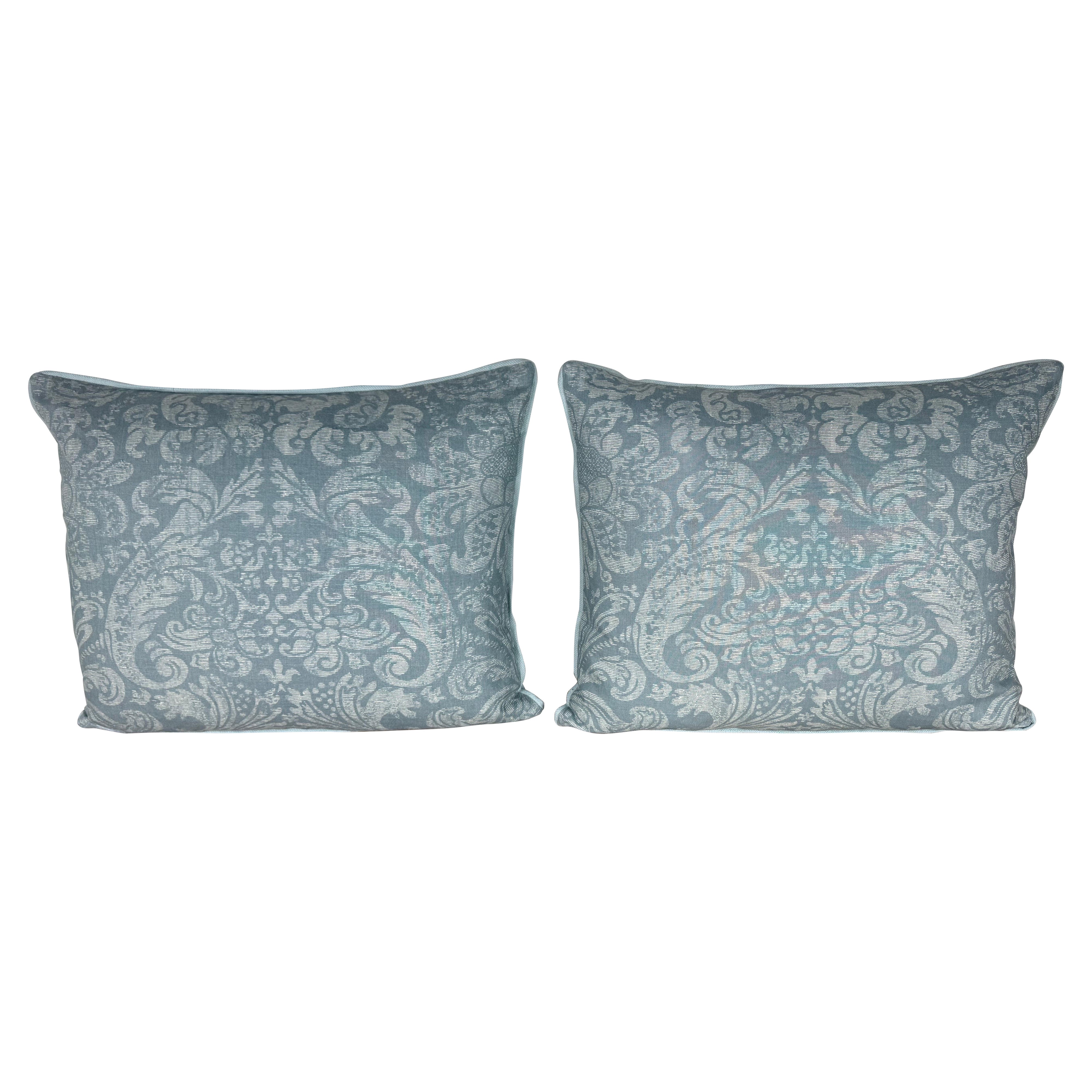 Pair of Elegant Designer Damask Pillows in Soft Blue Tones For Sale
