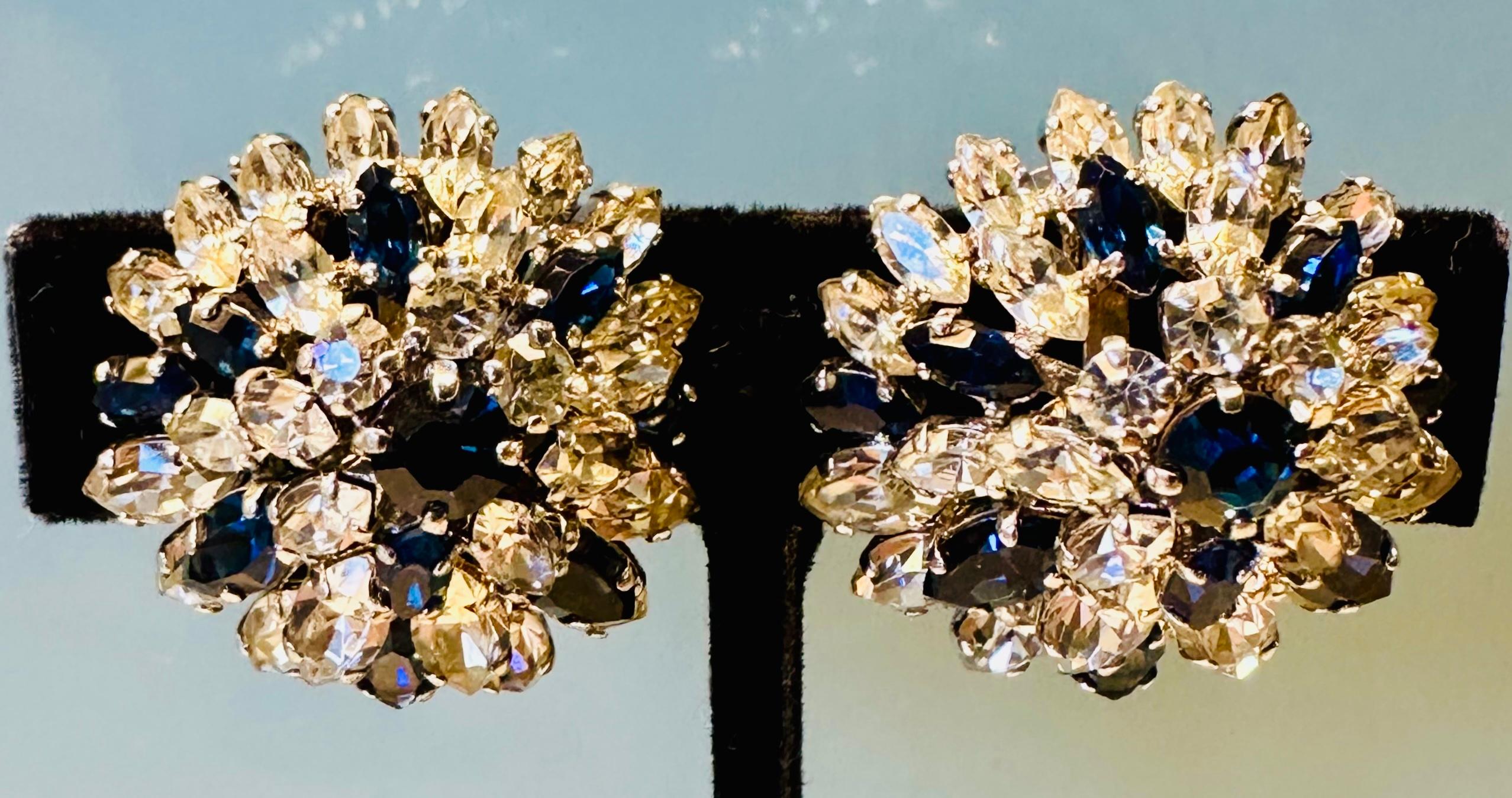 German Pair of Elegant Early 1960s Christian Dior Blue & Clear Crystal Earrings For Sale
