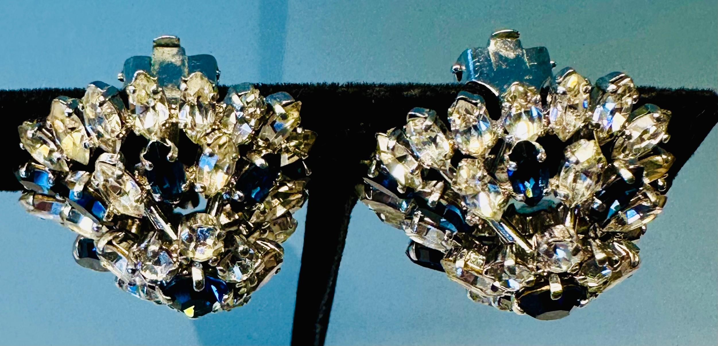 Pair of Elegant Early 1960s Christian Dior Blue & Clear Crystal Earrings In Excellent Condition For Sale In London, GB