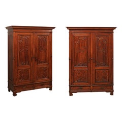 Pair of Elegant Early 20th Century Carved Wood Swedish Art Nouveau Armoires