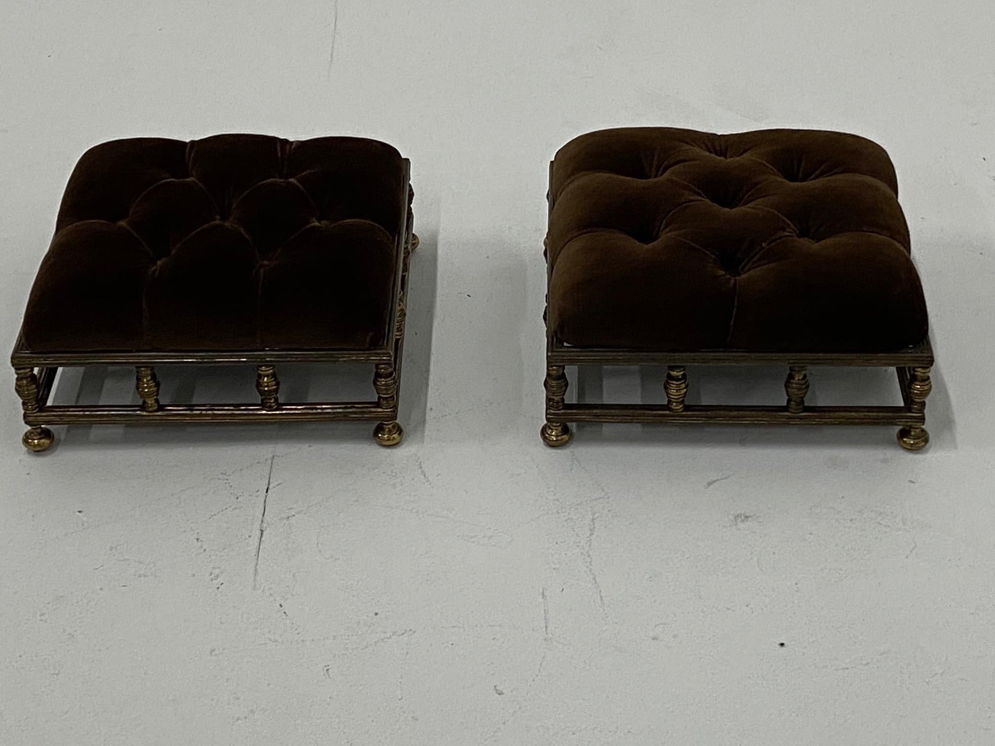 Early 20th Century Pair of Elegant Edwardian Brass and Velvet Footstools