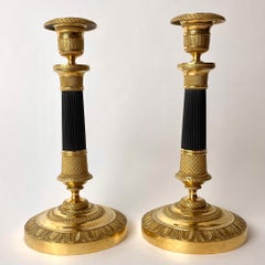 Pair of Elegant Empire Candlesticks in Gilded and Patinated Bronze from the 1820