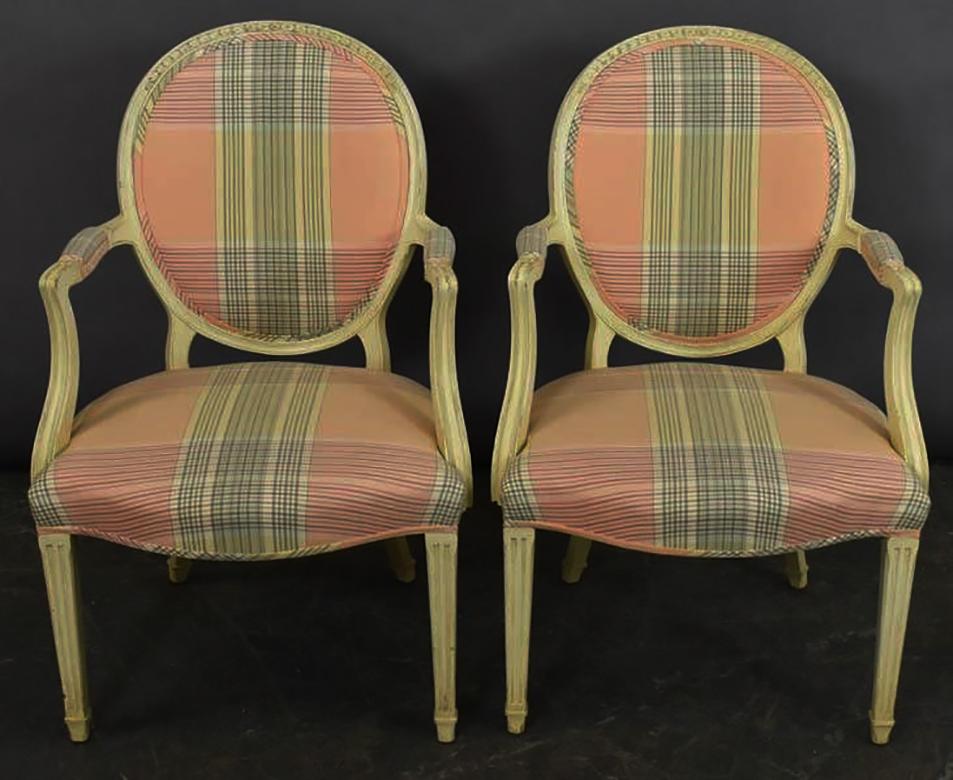Chic Pair of Elegant Fine French Fauteuils in soft pink & mint upholstery   For Sale 2