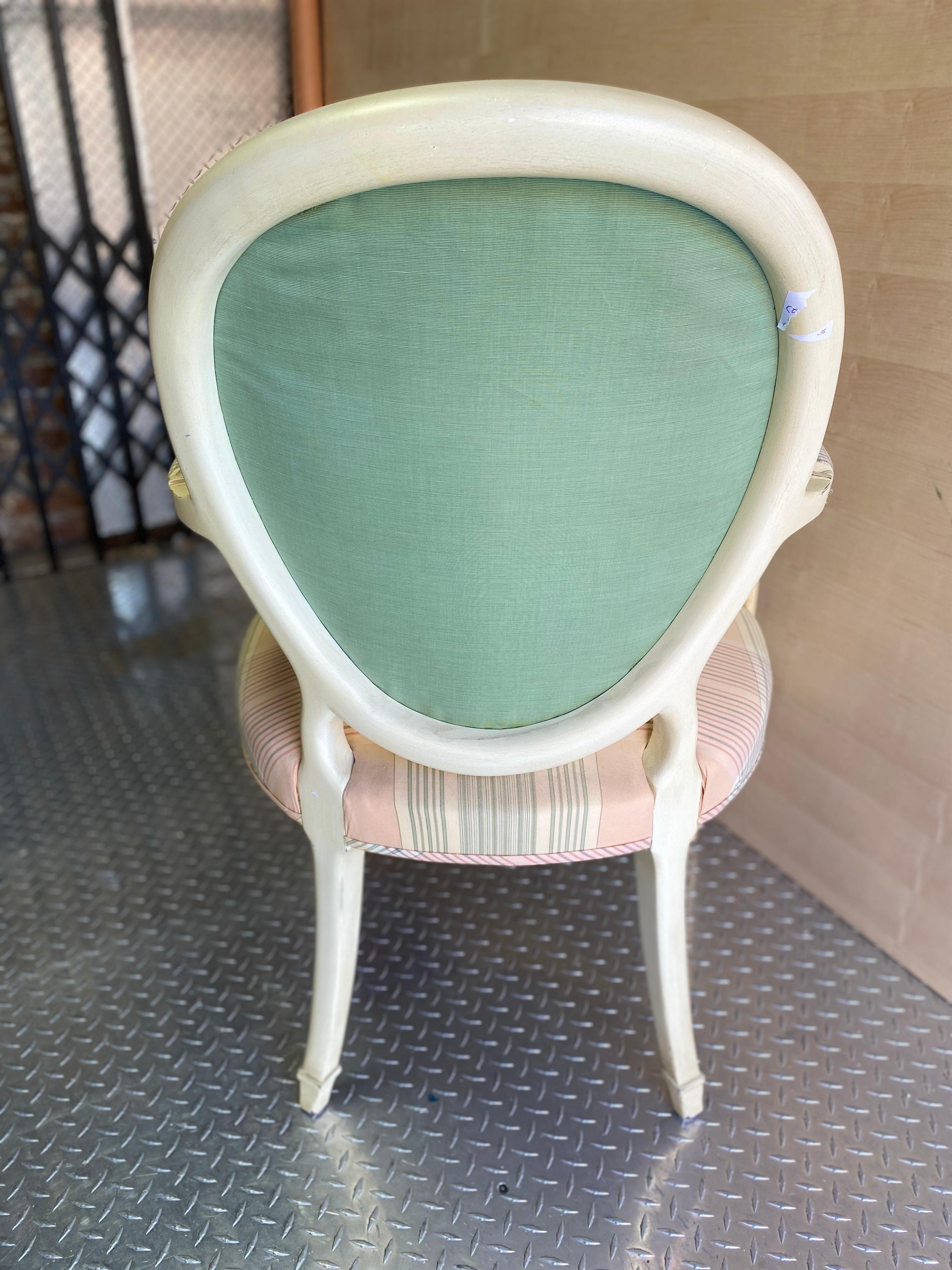 Chic Pair of Elegant Fine French Fauteuils in soft pink & mint upholstery   For Sale 6