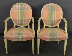 Chic Pair of Elegant Fine French Fauteuils in soft pink & mint upholstery