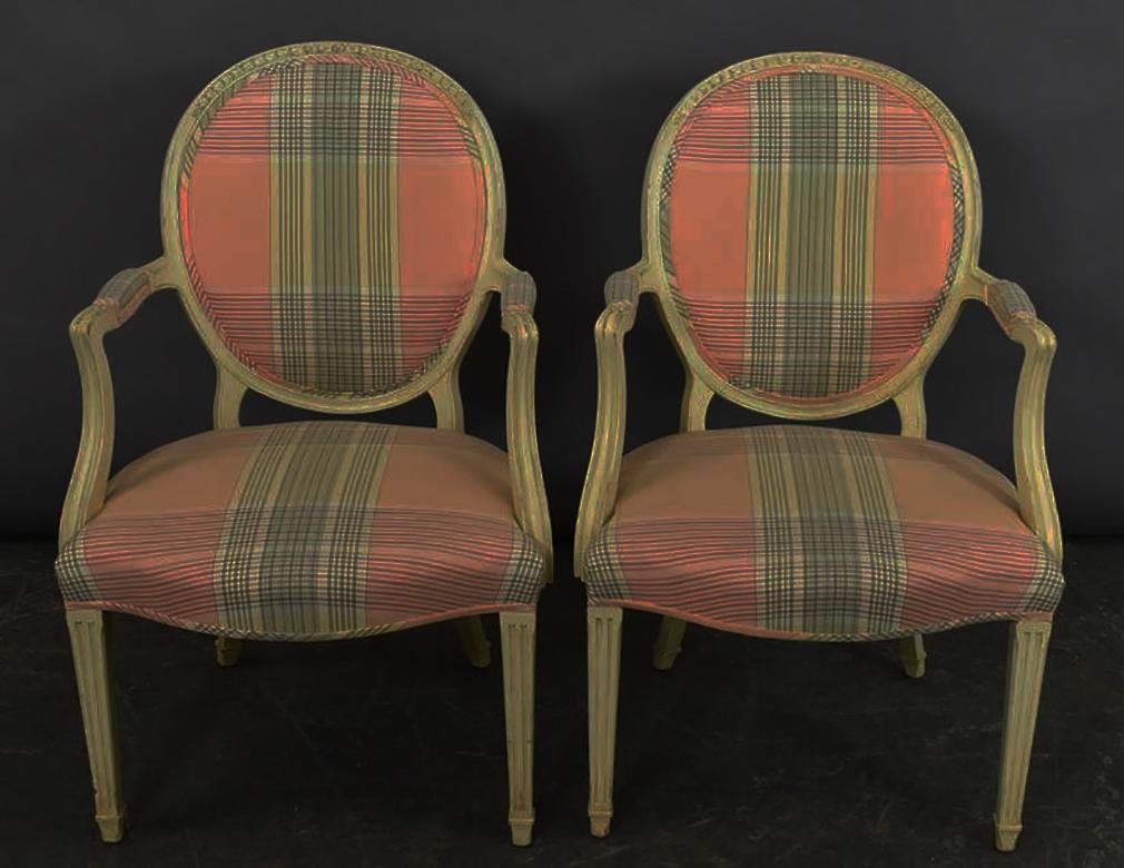 Louis XVI Chic Pair of Elegant Fine French Fauteuils in soft pink & mint upholstery   For Sale