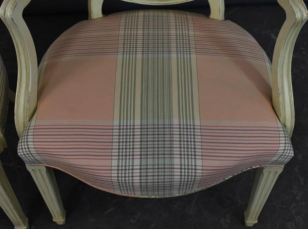 Chic Pair of Elegant Fine French Fauteuils in soft pink & mint upholstery   In Good Condition For Sale In Bronx, NY