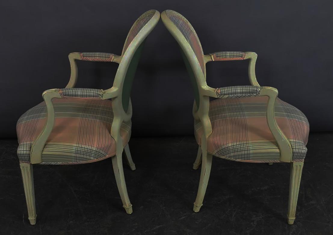 Wood Chic Pair of Elegant Fine French Fauteuils in soft pink & mint upholstery   For Sale