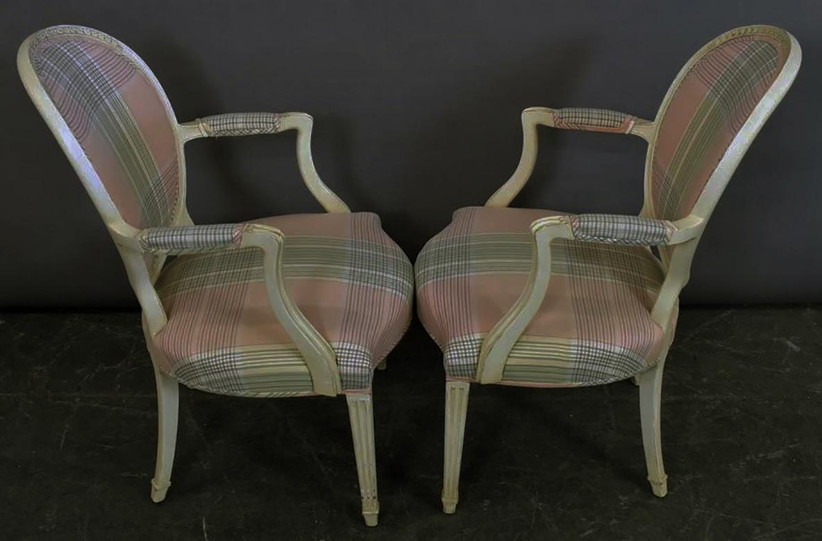 Chic Pair of Elegant Fine French Fauteuils in soft pink & mint upholstery   For Sale 1