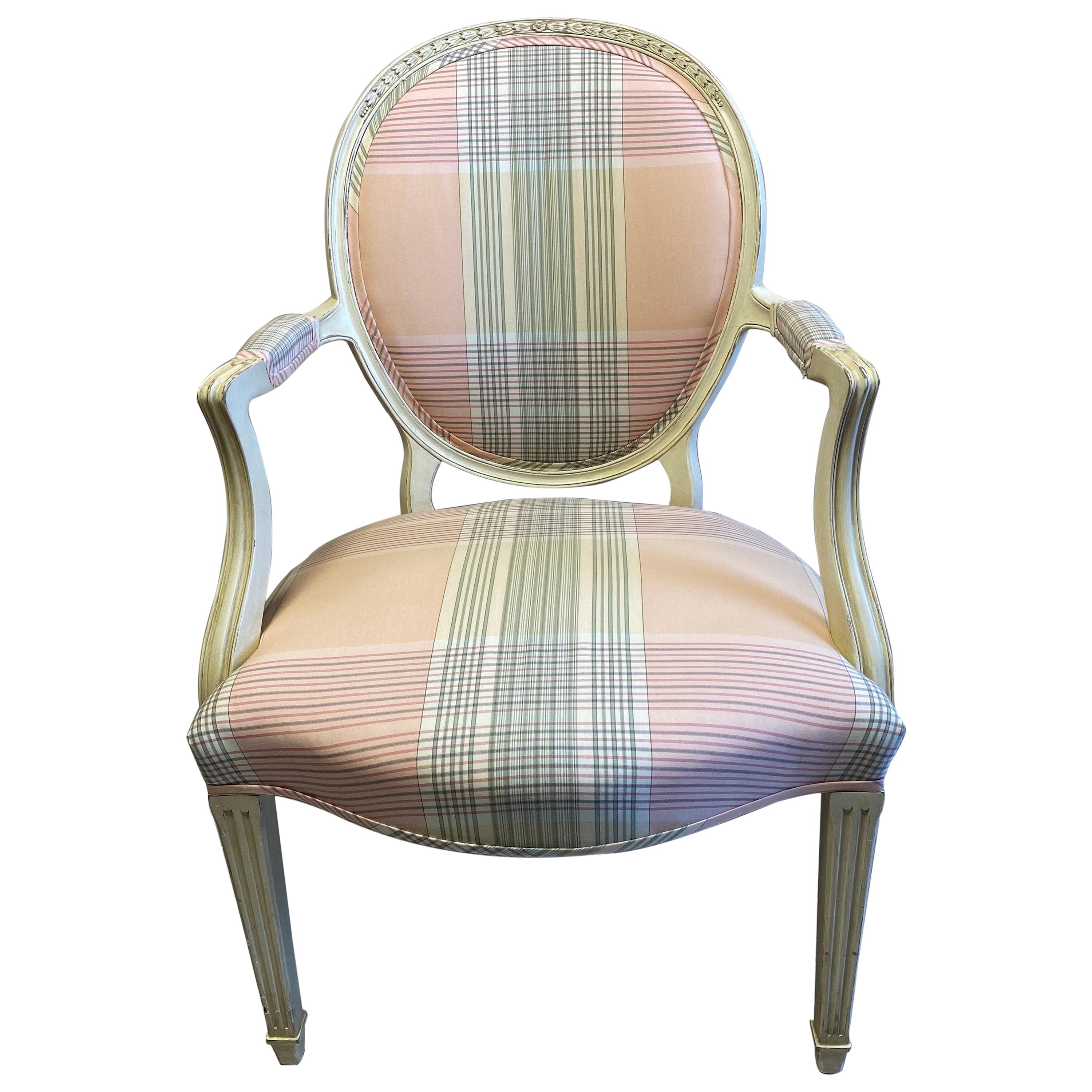 Chic Pair of Elegant Fine French Fauteuils in soft pink & mint upholstery   For Sale