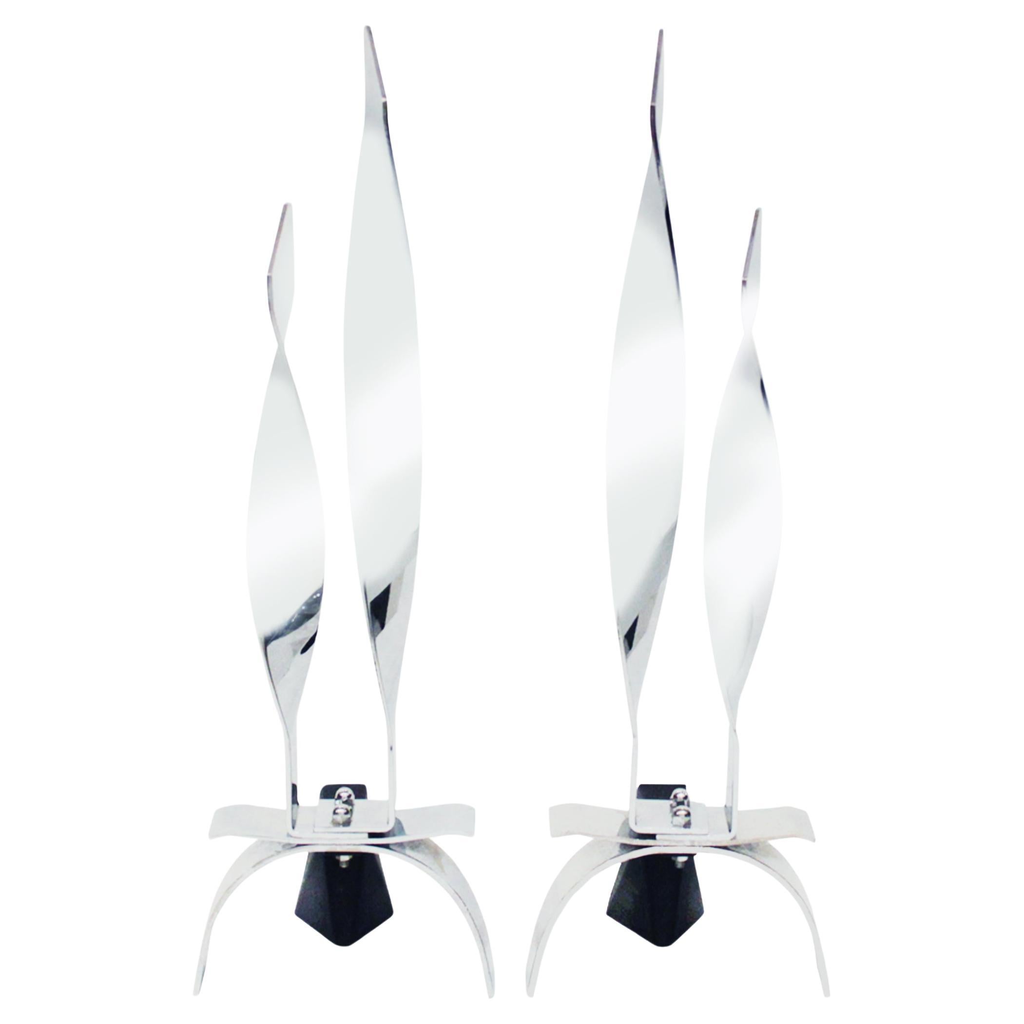 Pair of Elegant Flame Andirons in Polished Chrome 1960s For Sale
