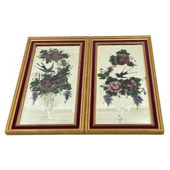 Pair of Elegant Floral Eglomise Beveled Mercur Mirrors, France, circa 1930