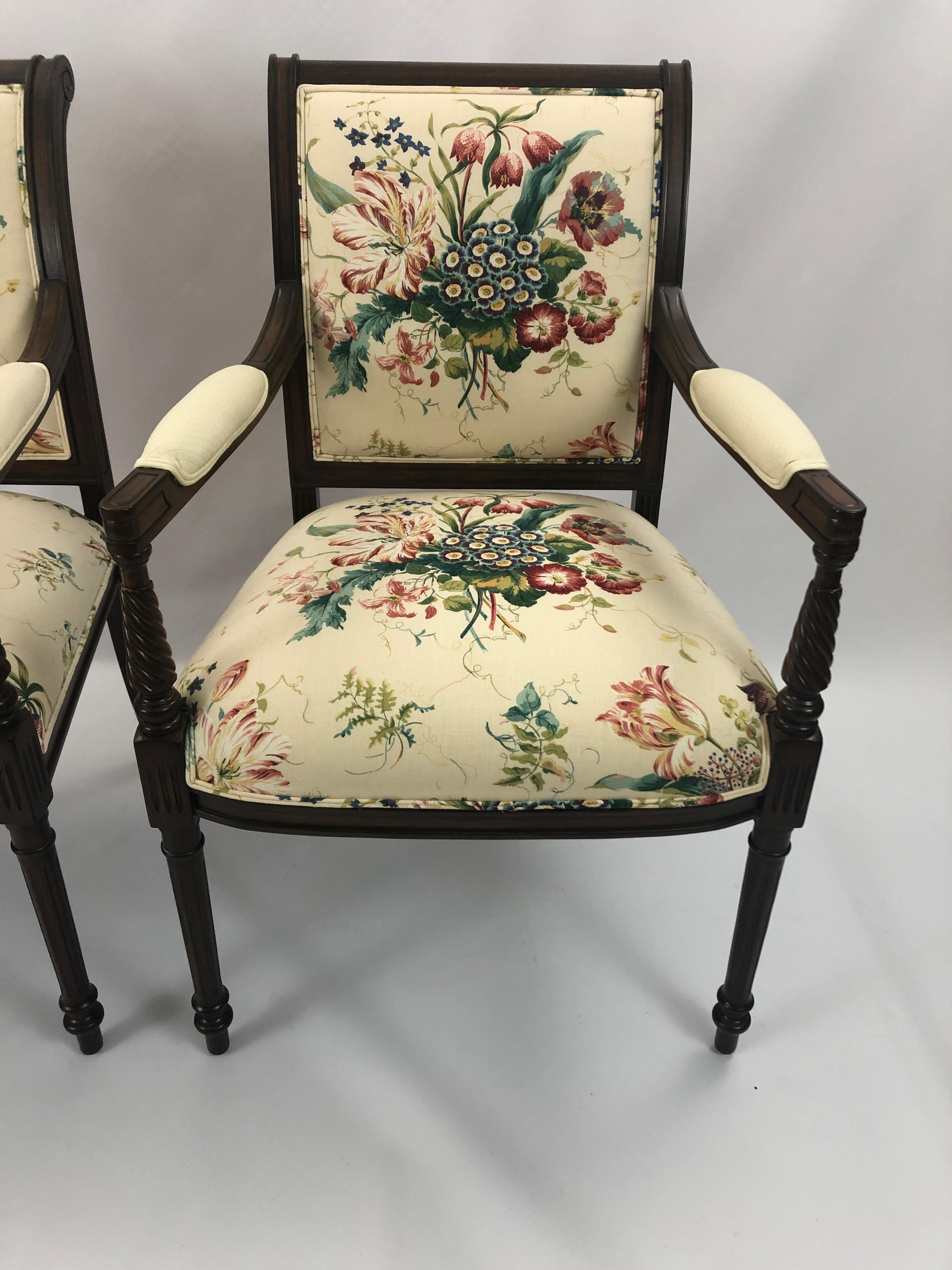 North American Pair of Elegant Floral Upholstered Fruitwood Armchairs