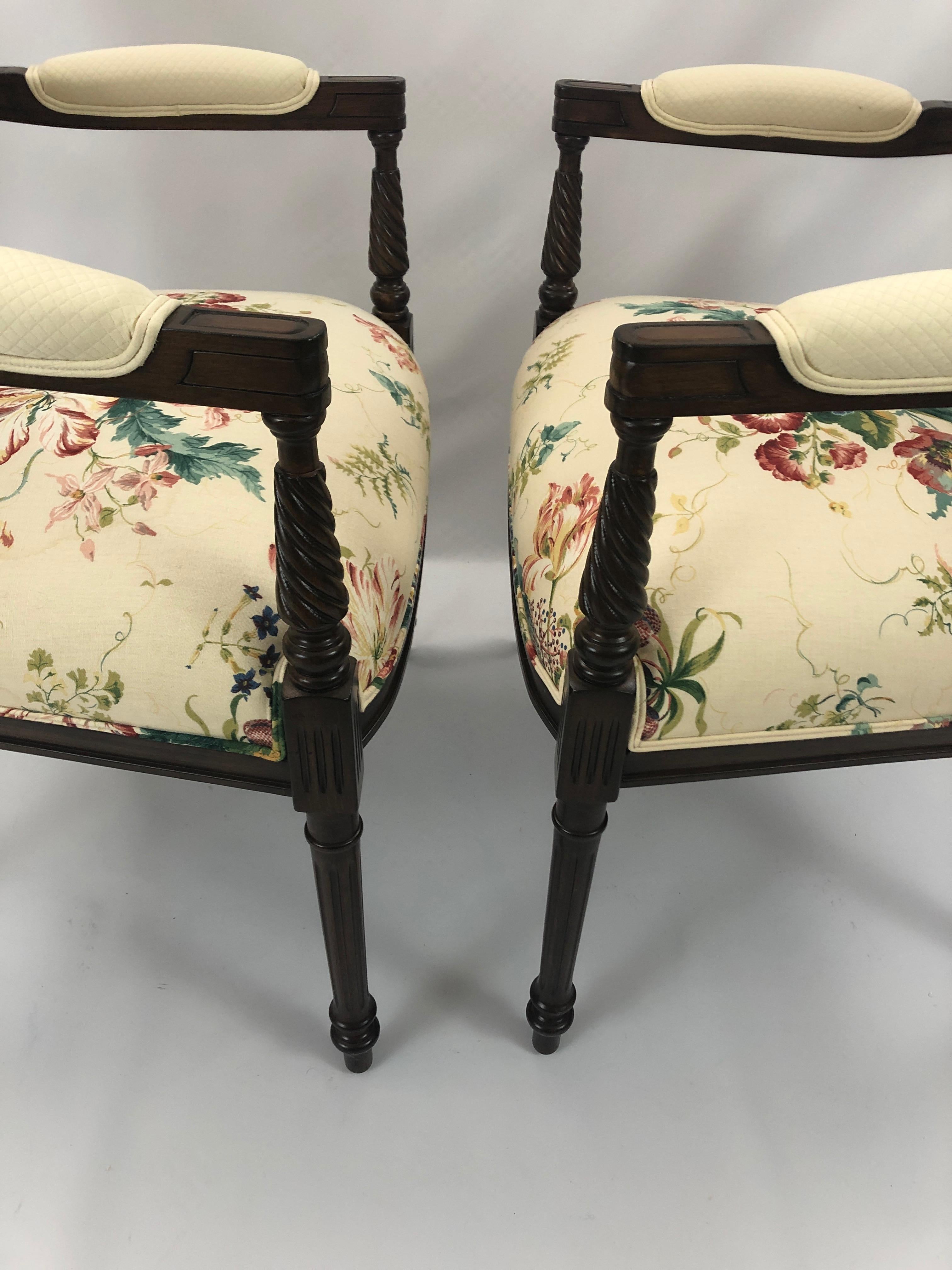 Late 20th Century Pair of Elegant Floral Upholstered Fruitwood Armchairs