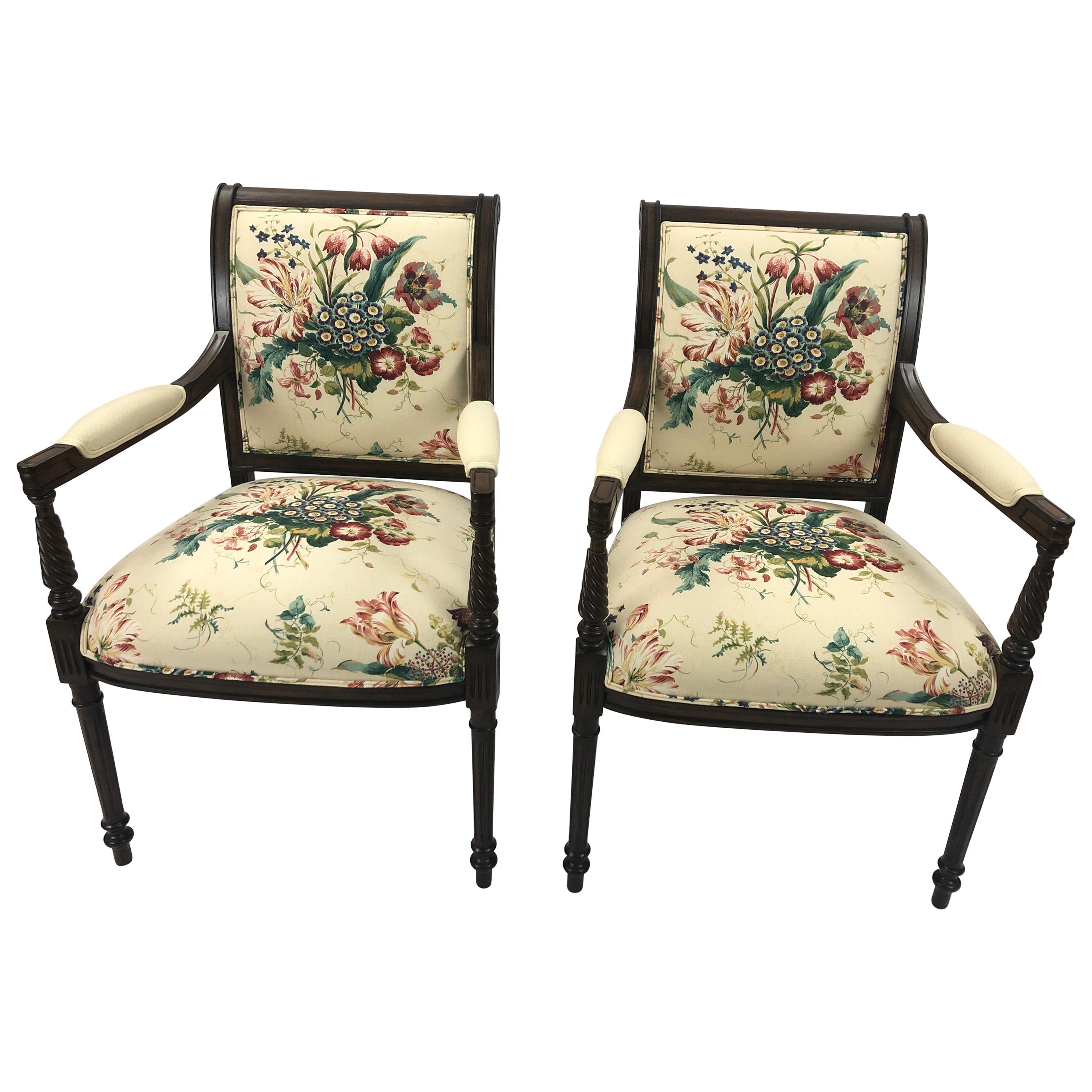 Pair of Elegant Floral Upholstered Fruitwood Armchairs