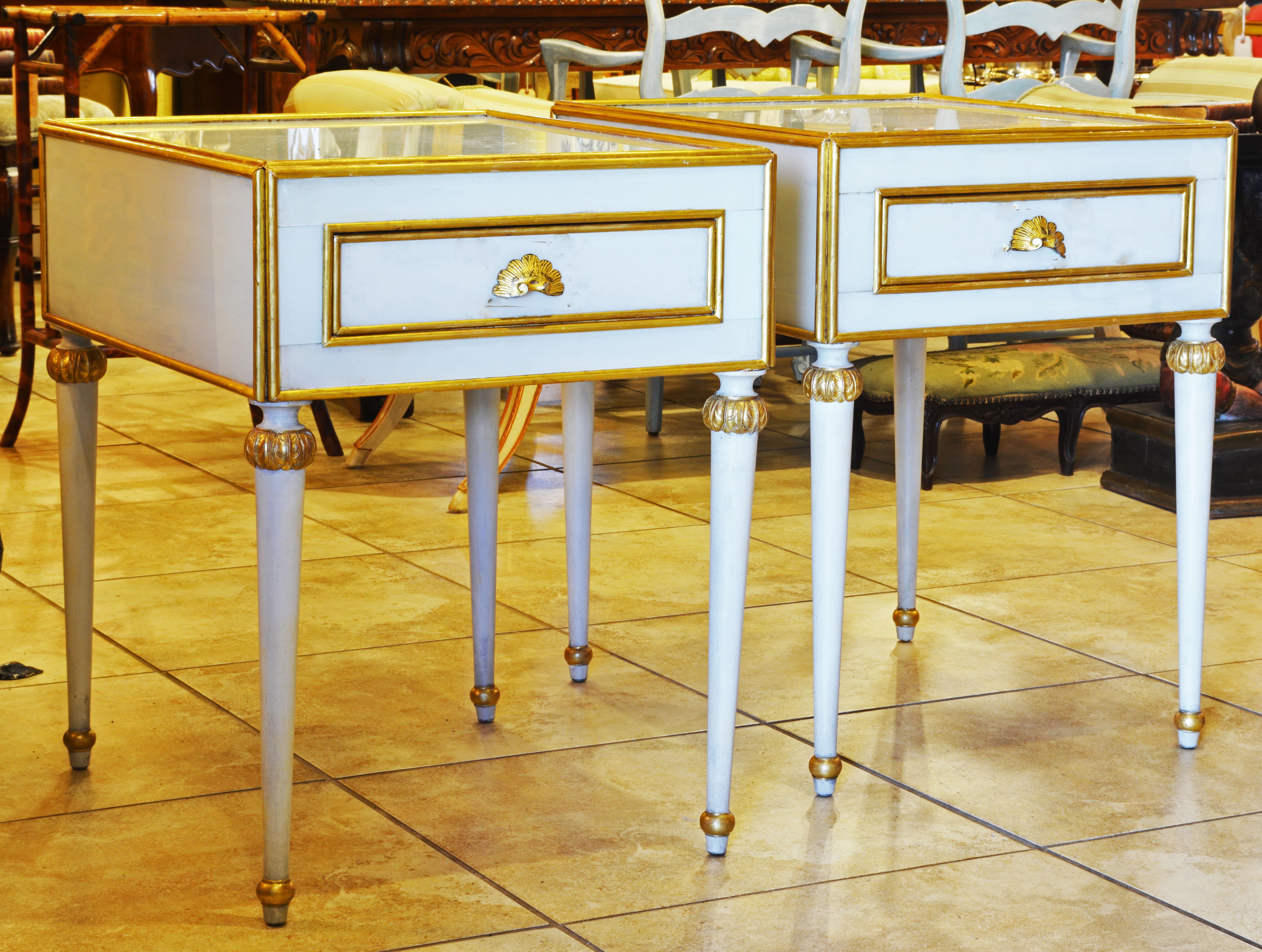 Pair of Elegant French Louis XVI Style Milk Glass Mounted Giltwood Tables In Good Condition In Ft. Lauderdale, FL