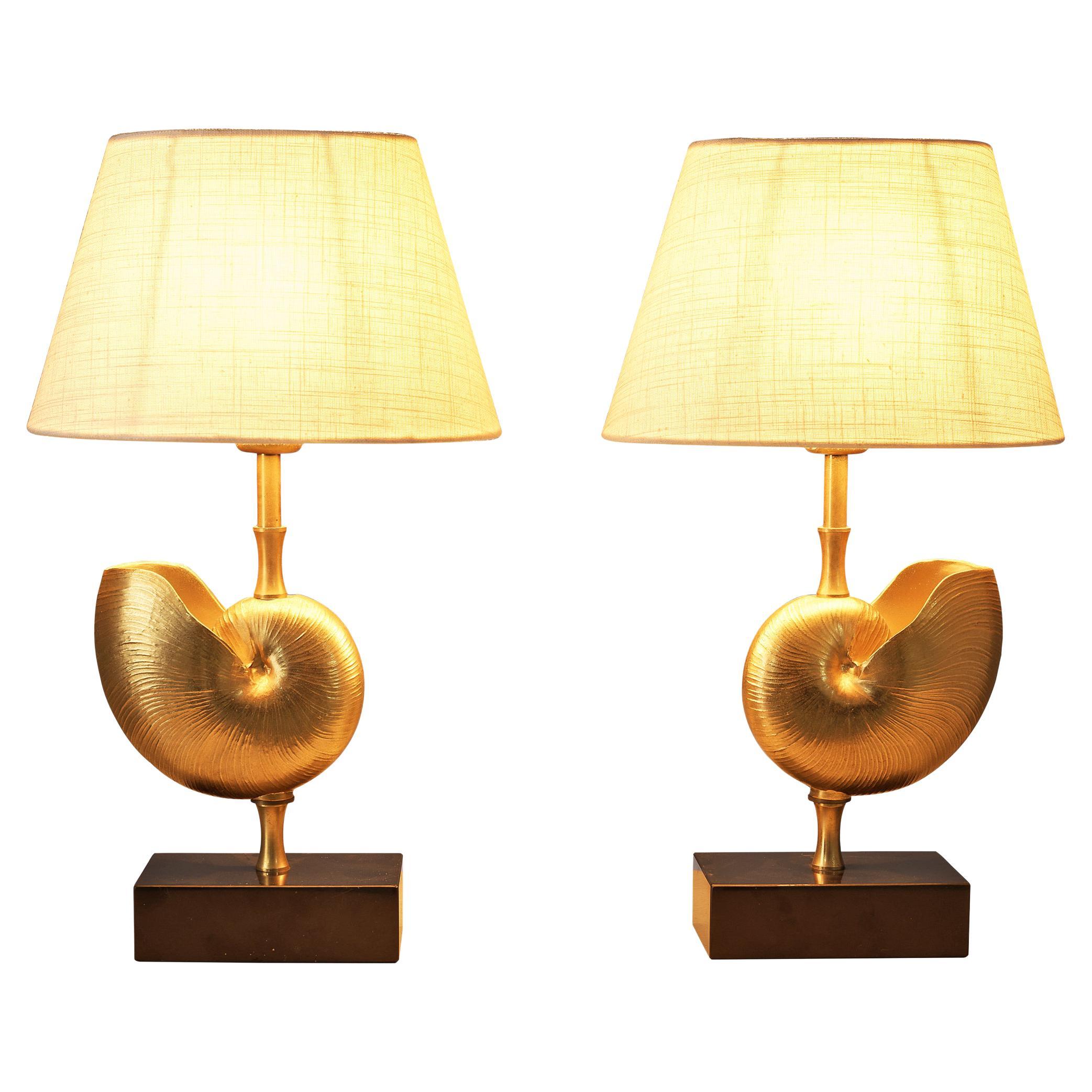 Pair of Elegant French Shell Table Lamps in Brass 
