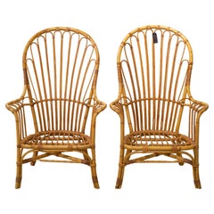 Pair of Elegant French Style Fan Back Pencil Reed and Bamboo Rattan Armchairs
