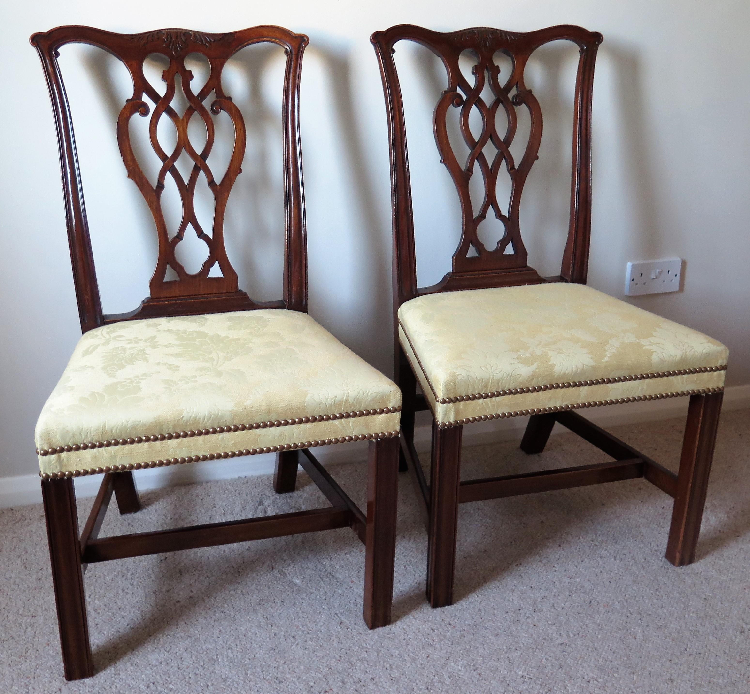 These are a superb pair of mahogany, Chippendale back, side or dining chairs which we date to the late 18th century, George 111rd period, circa 1770.

The chairs have a very well carved 