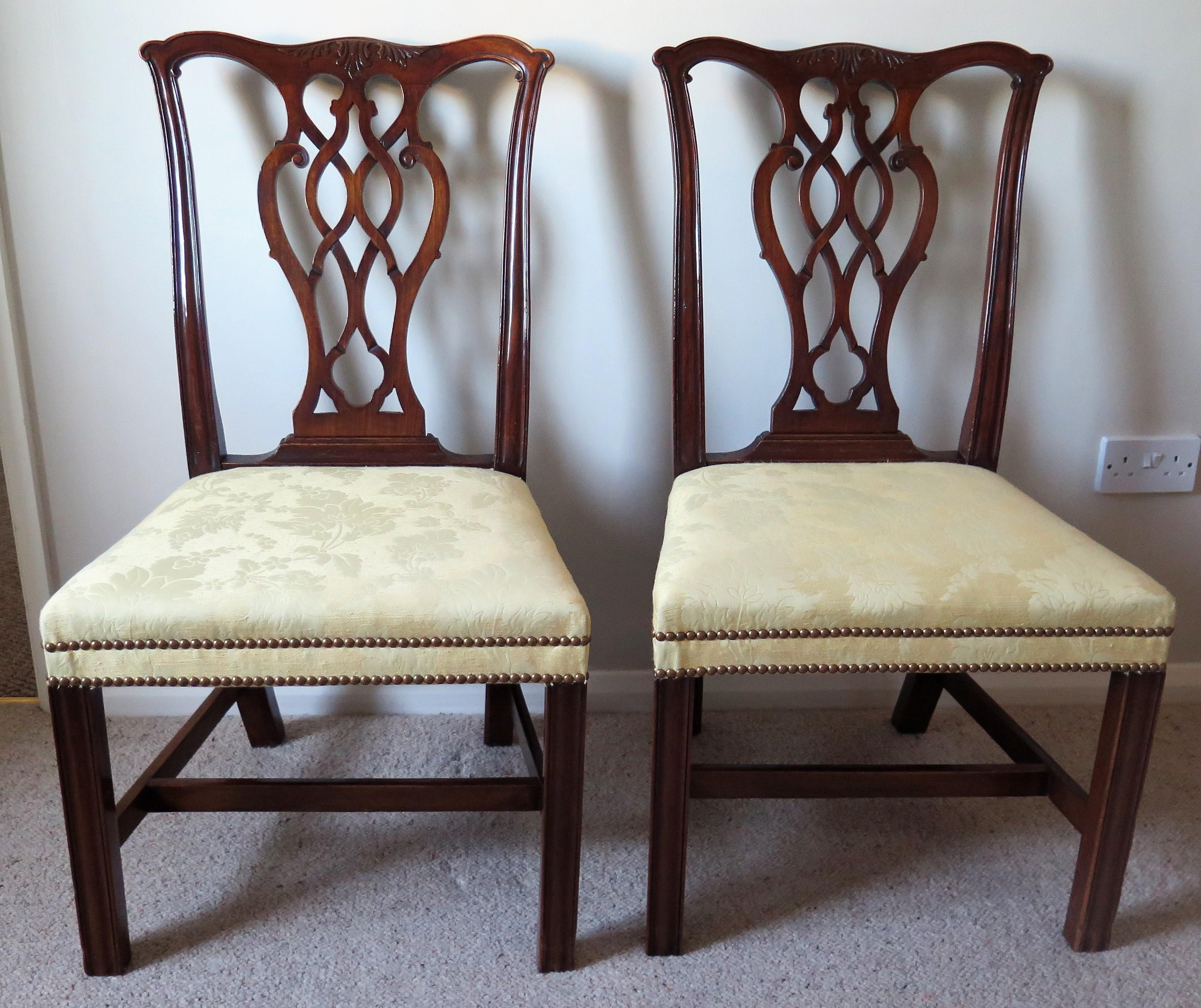 English Pair of Elegant George 111 Mahogany Chippendale Chairs Reupholstered, Circa 1770