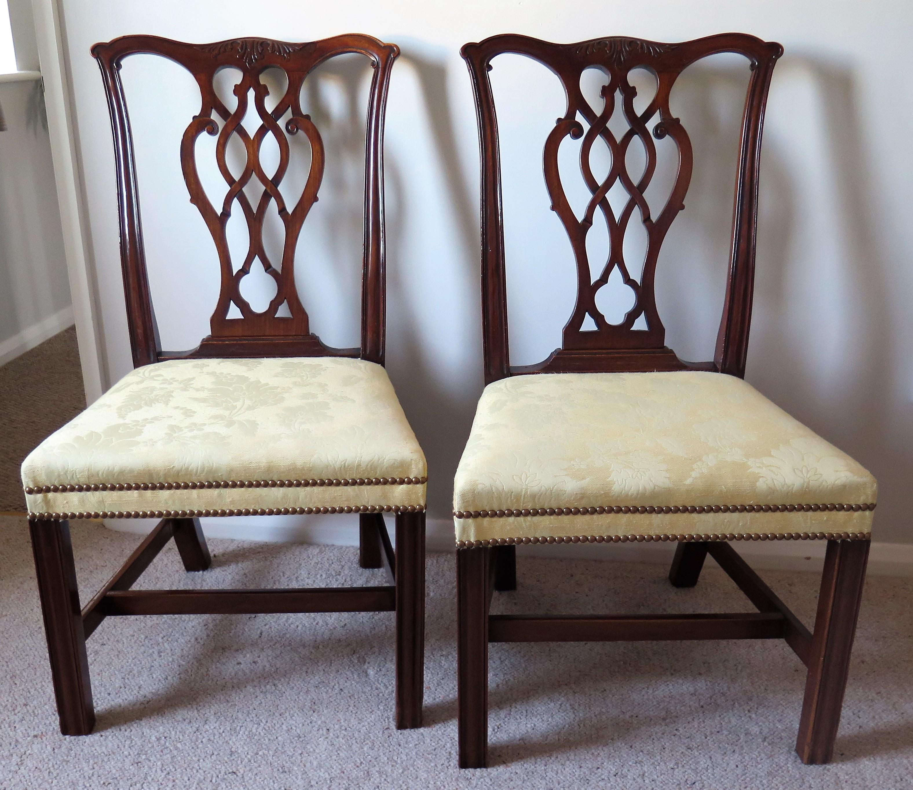 Hand-Crafted Pair of Elegant George 111 Mahogany Chippendale Chairs Reupholstered, Circa 1770