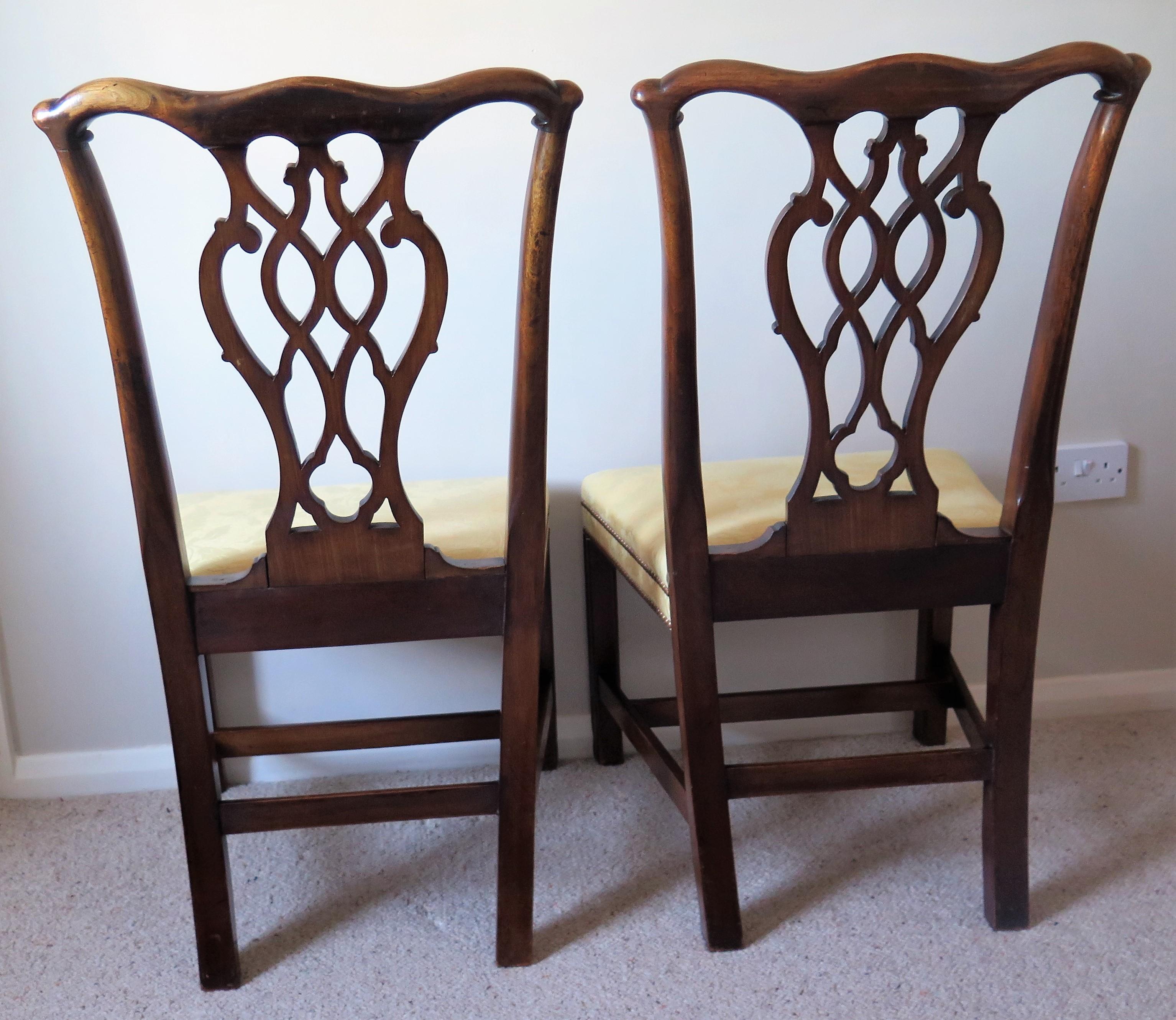 Fabric Pair of Elegant George 111 Mahogany Chippendale Chairs Reupholstered, Circa 1770