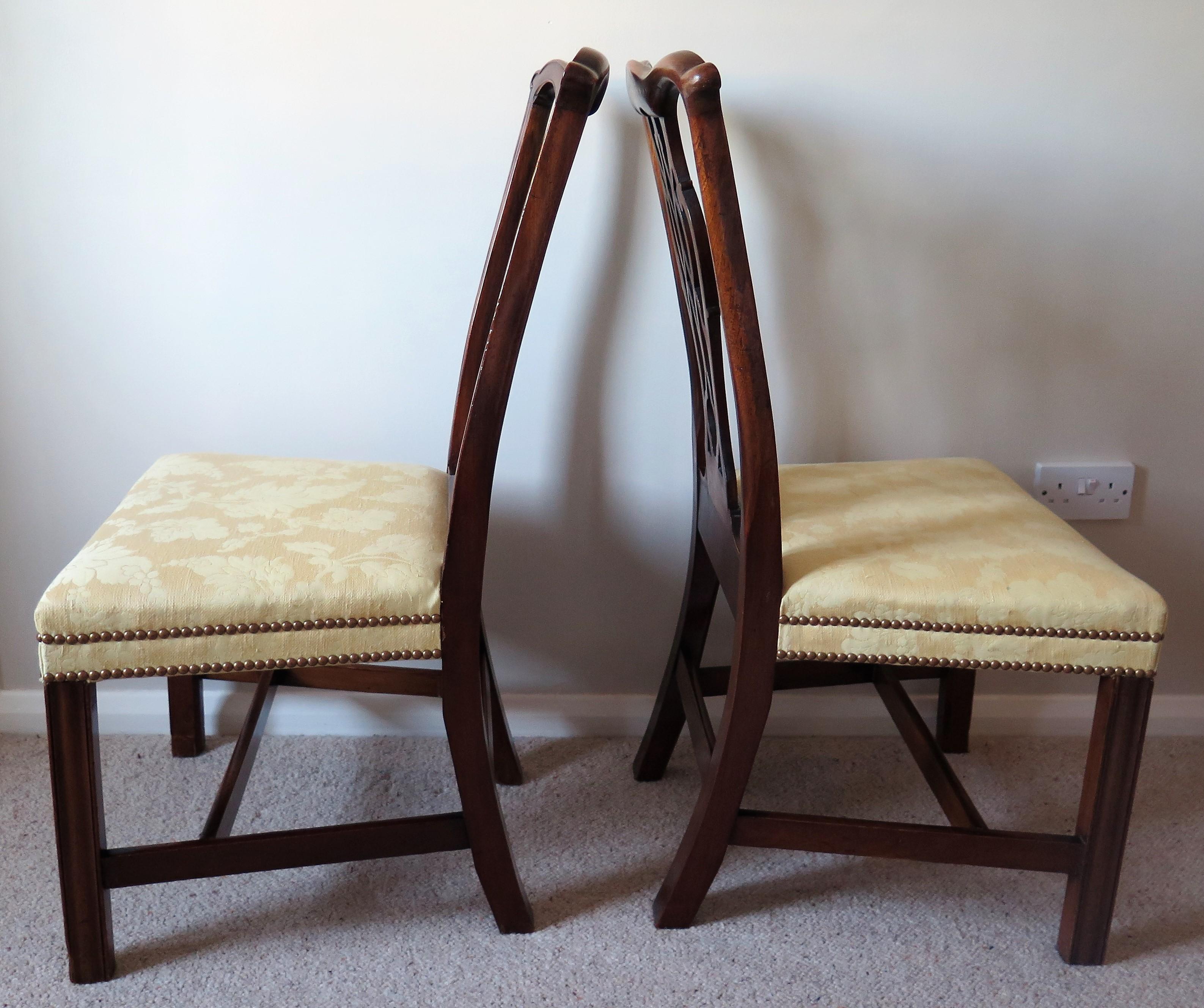 Pair of Elegant George 111 Mahogany Chippendale Chairs Reupholstered, Circa 1770 1