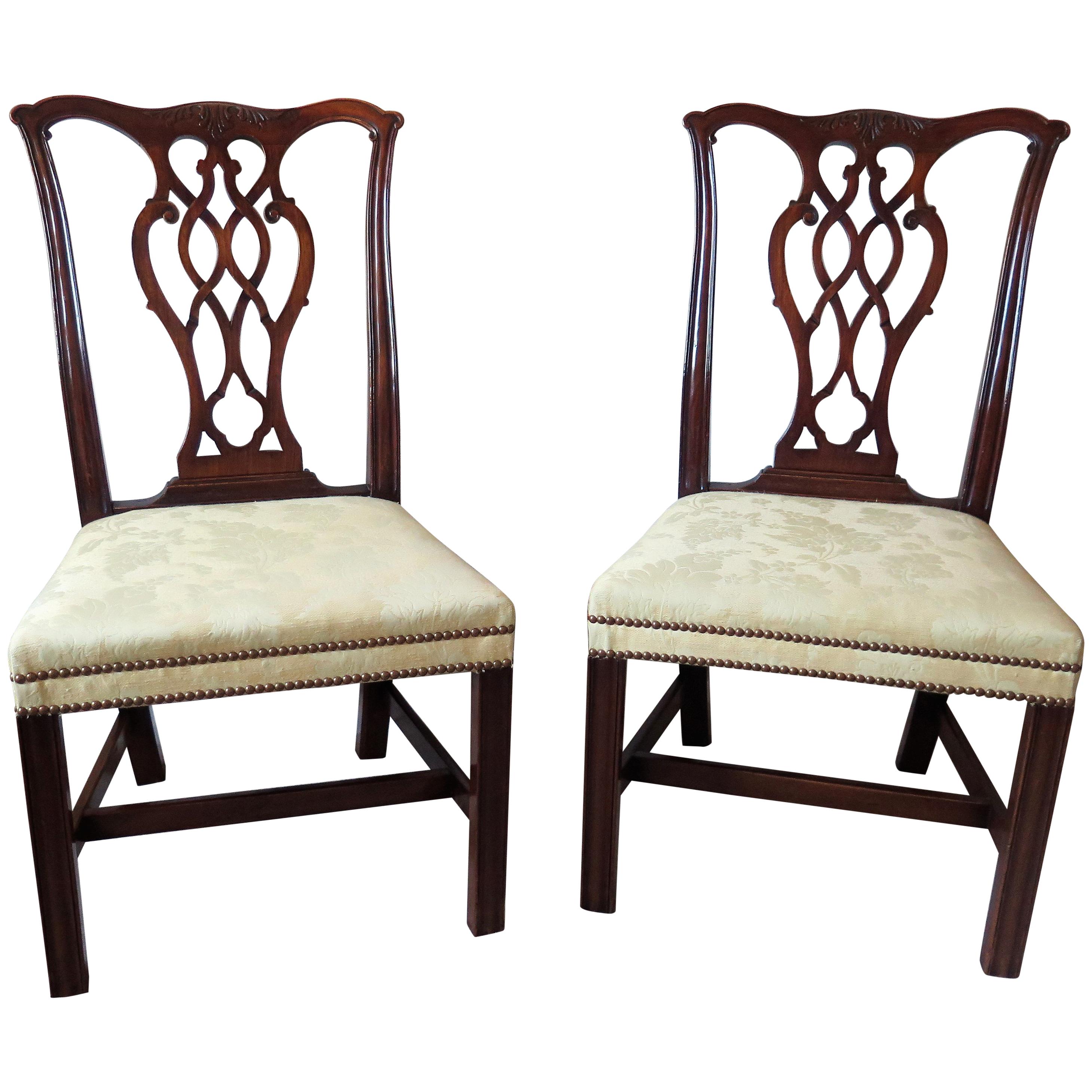 Pair of Elegant George 111 Mahogany Chippendale Chairs Reupholstered, Circa 1770