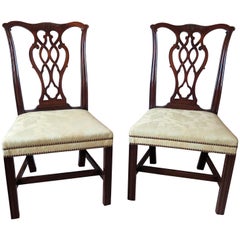 Pair of Elegant George 111 Mahogany Chippendale Chairs Reupholstered, Circa 1770