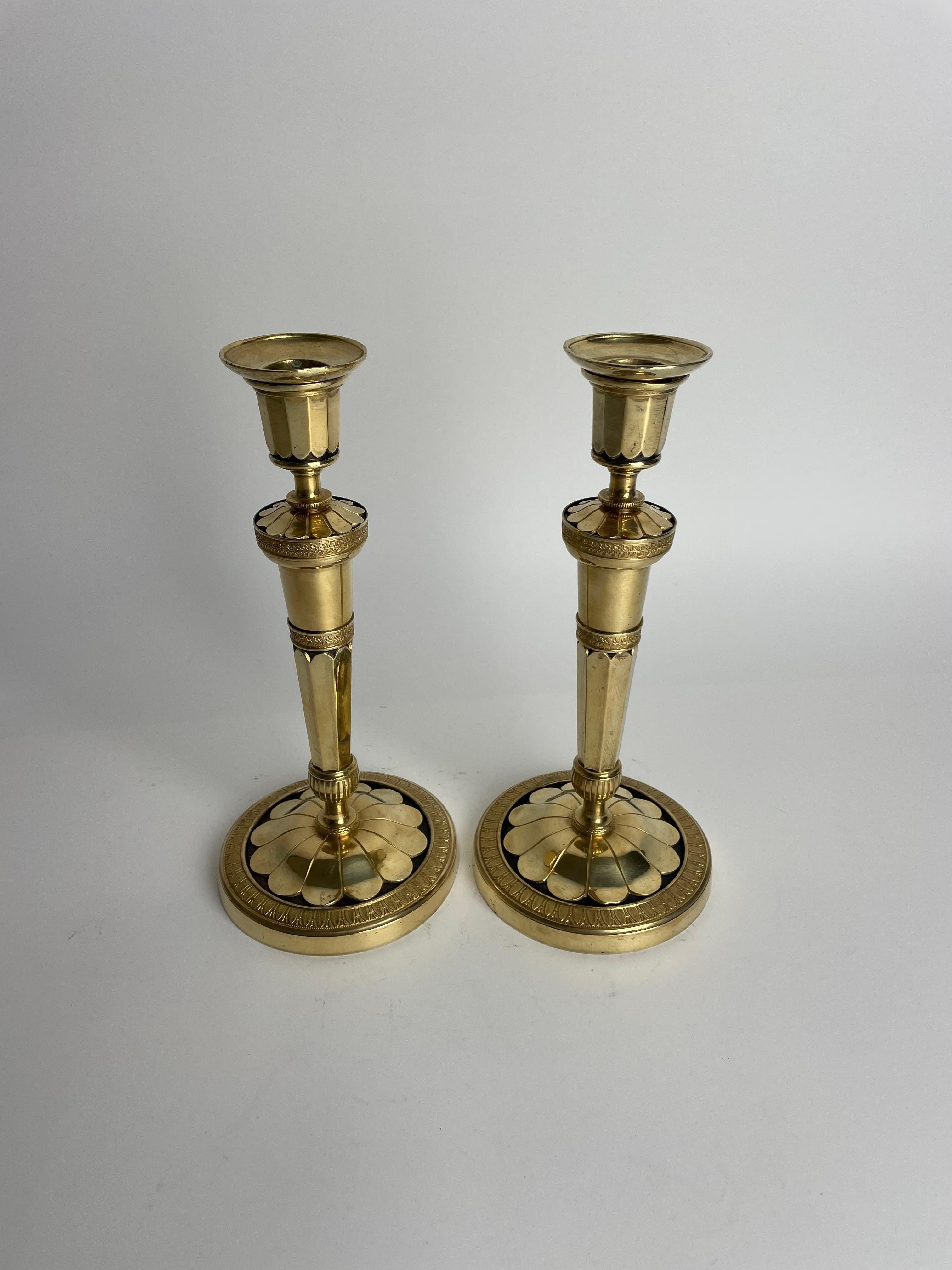 Gilt Pair of Elegant Gilded and Dark Patinated Empire Candlesticks, circa 1810 For Sale