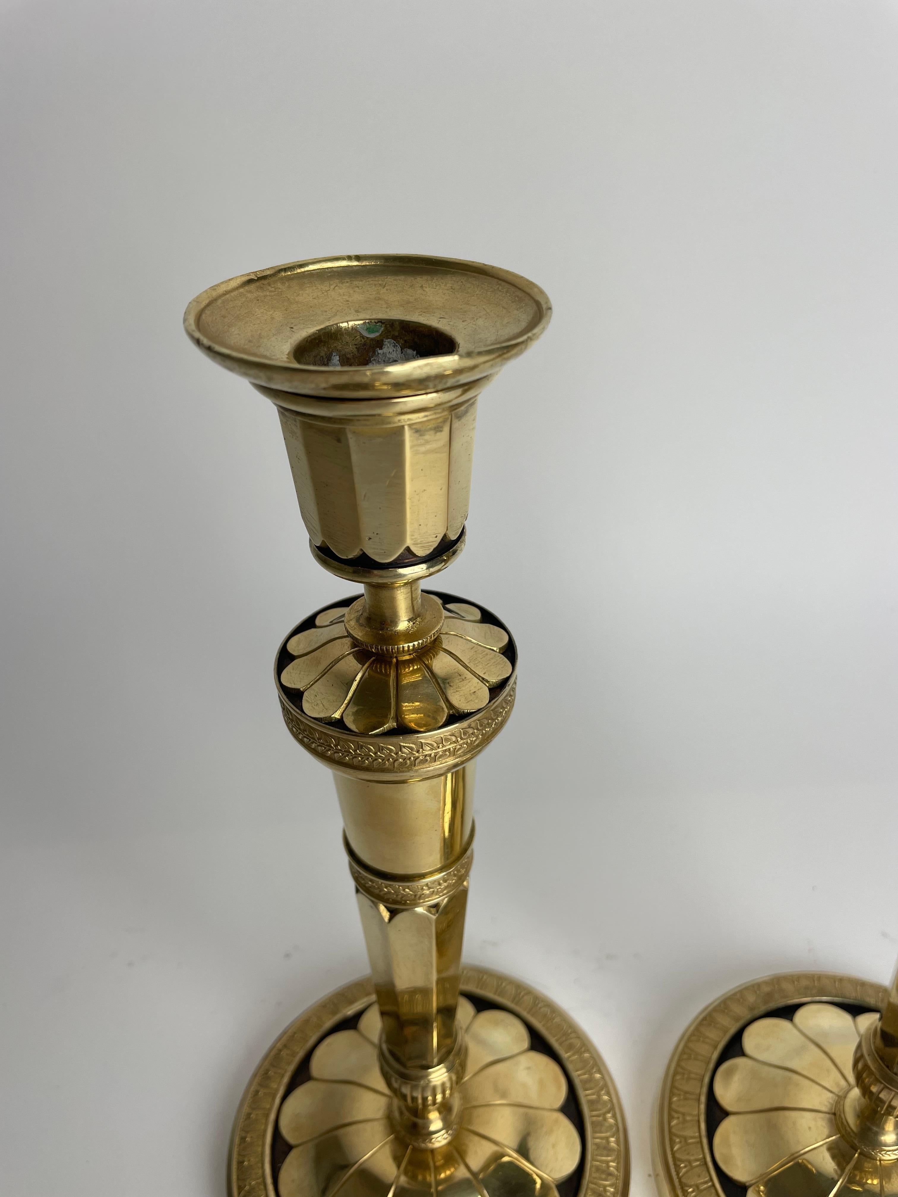 Bronze Pair of Elegant Gilded and Dark Patinated Empire Candlesticks, circa 1810 For Sale