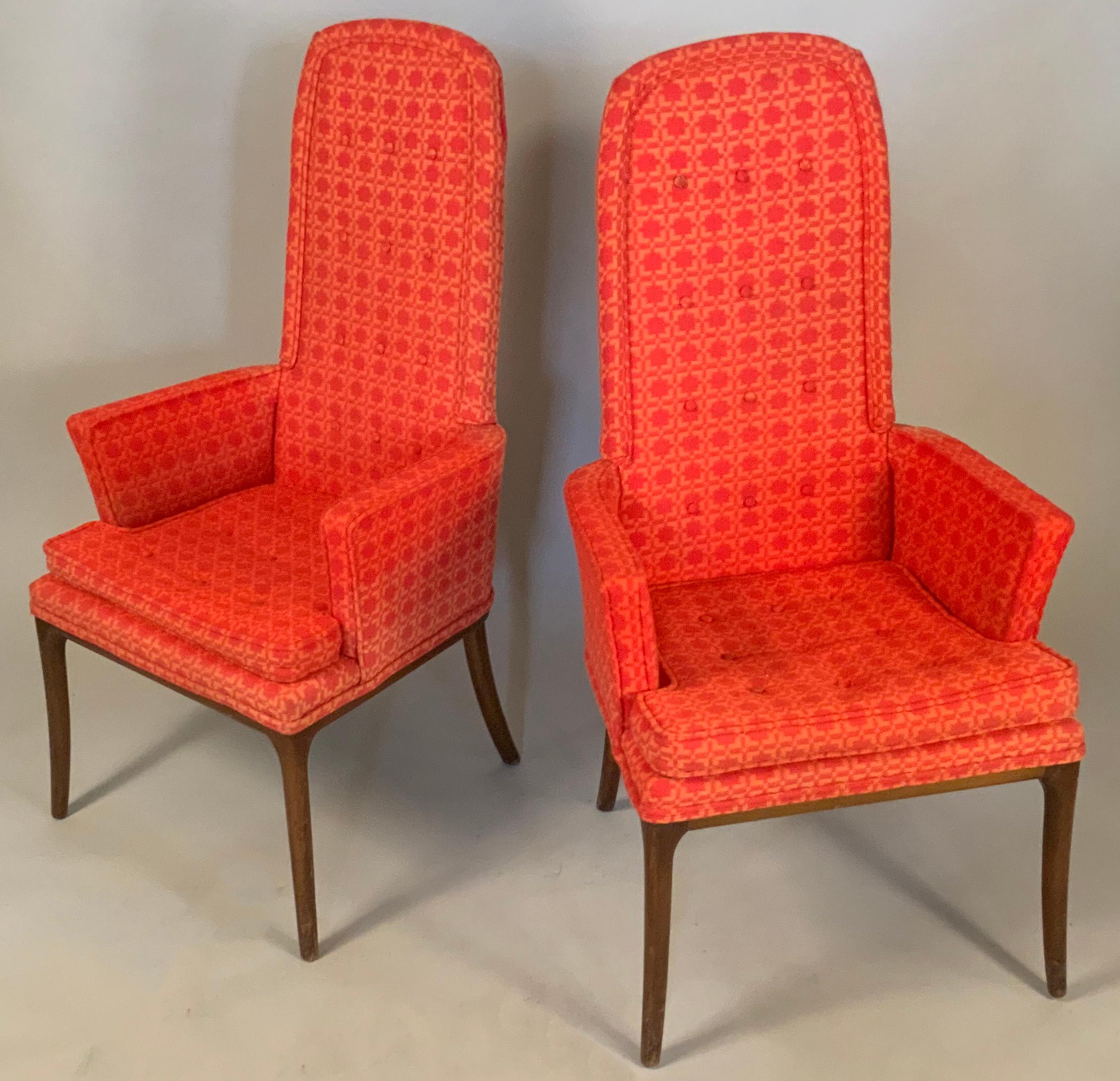 A pair of very elegant high back armchairs designed by Erwin-Lambeth. With tall slim curved top backs, and slim arms, raised on elegant slightly curved tall legs. Beautiful design and scale. In their original red patterned fabric which shows average