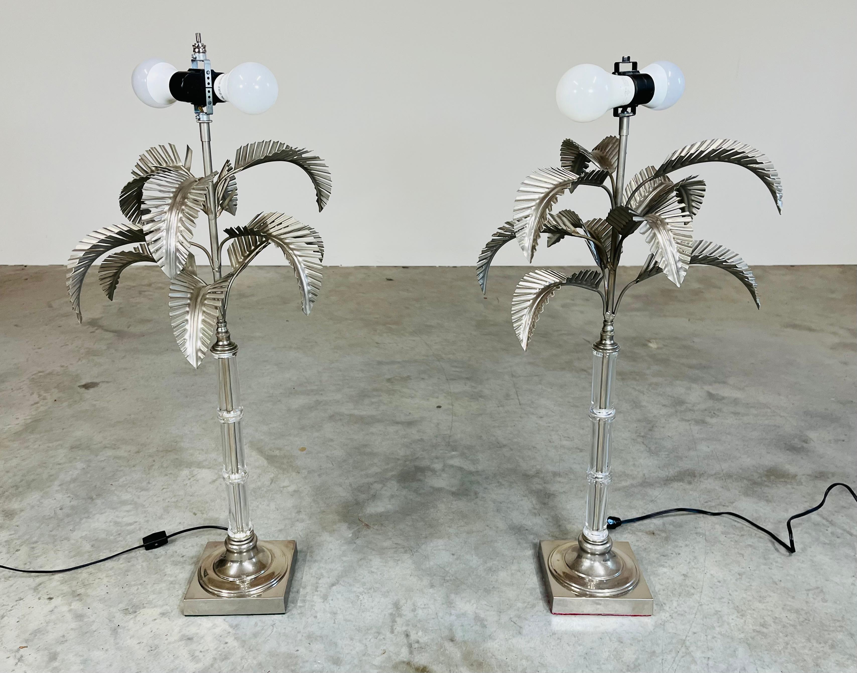 20th Century Pair of Elegant Hollywood Regency Glass Bamboo & Palm Lamps by Chapman c. 1970 For Sale