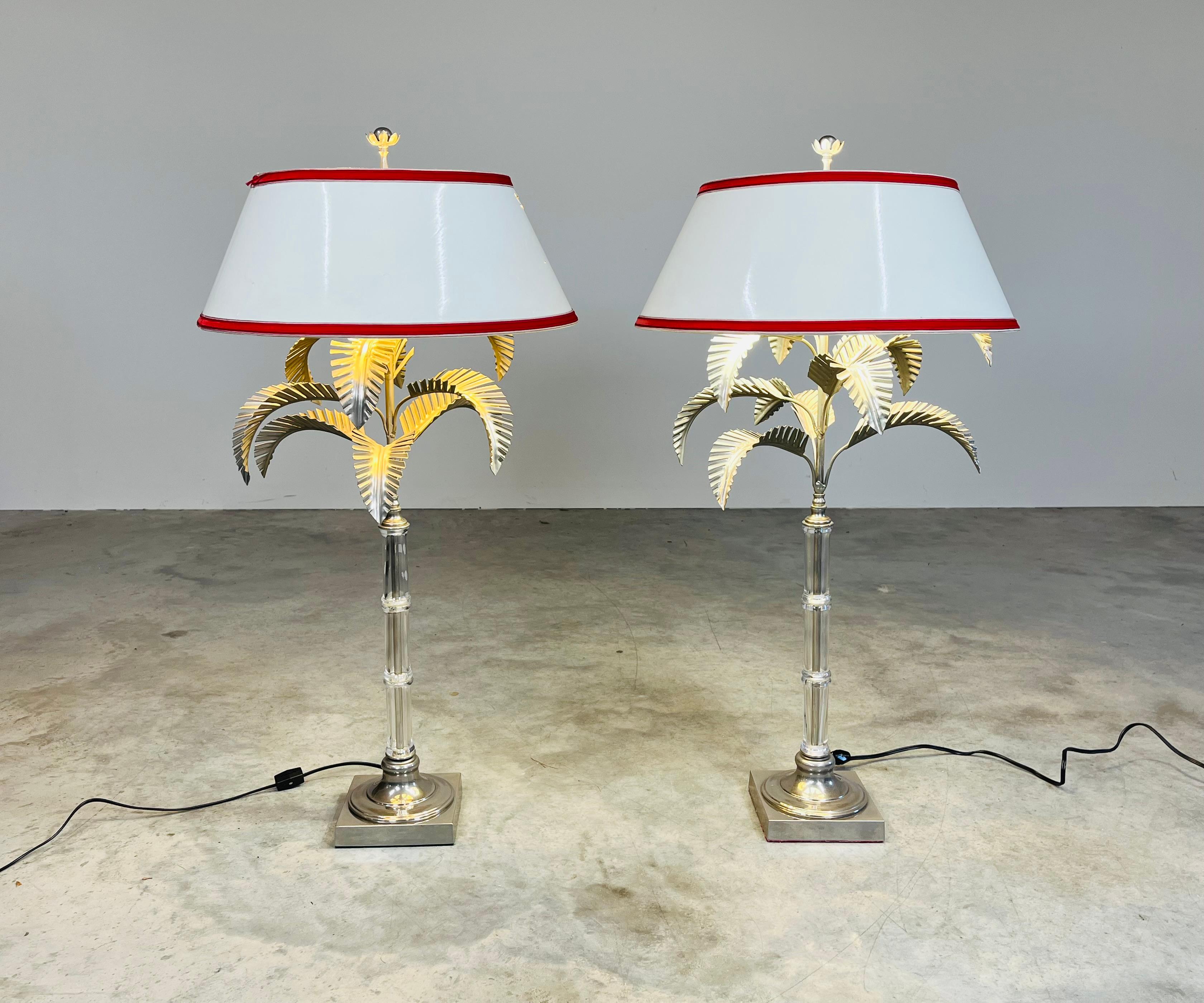 Pair of Elegant Hollywood Regency Glass Bamboo & Palm Lamps by Chapman c. 1970 For Sale 1