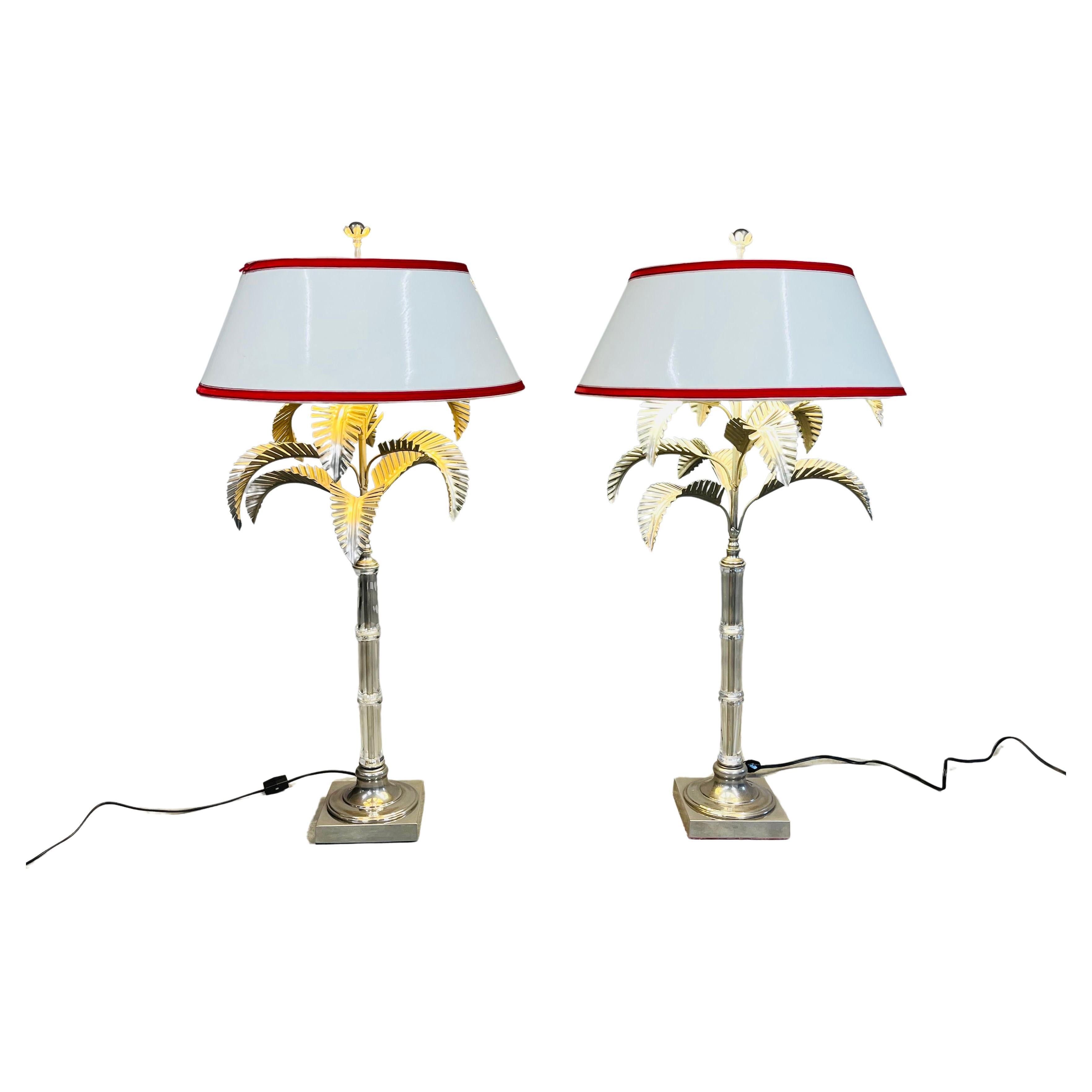 Pair of Elegant Hollywood Regency Glass Bamboo & Palm Lamps by Chapman c. 1970 For Sale
