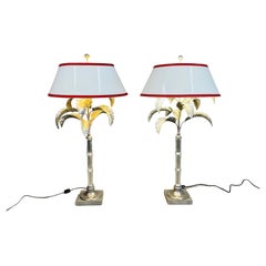 Pair of Elegant Hollywood Regency Glass Bamboo & Palm Lamps by Chapman c. 1970