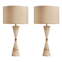 Pair of Elegant Italian Alabaster Table Lamp "Silhouette", Satin Brass Pair of Elegant Italian Alabaster Table Lamp "Silhouette", Satin Brass