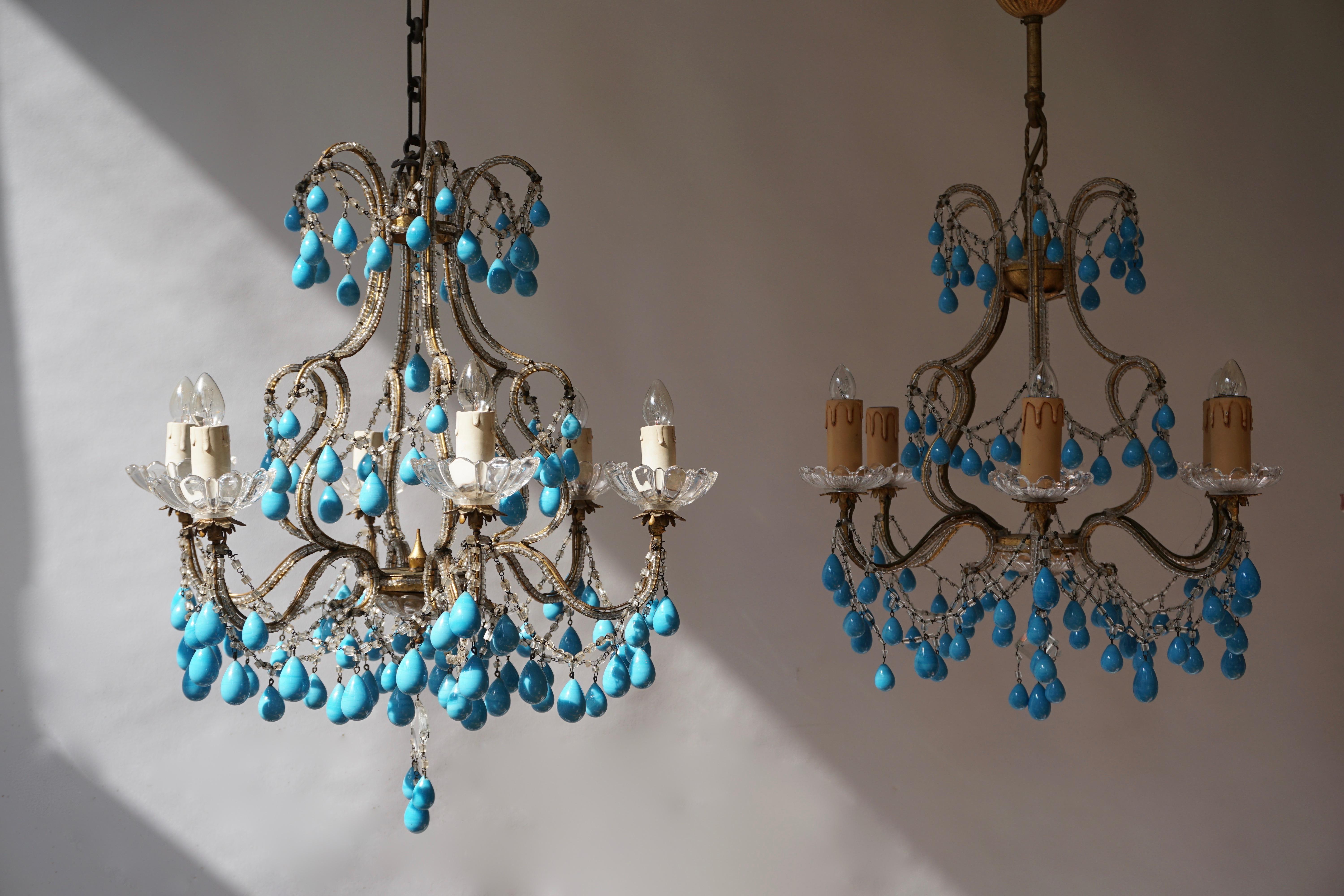 Mid-Century Modern Pair of Elegant Italian Chandeliers with Turquoise Stone For Sale