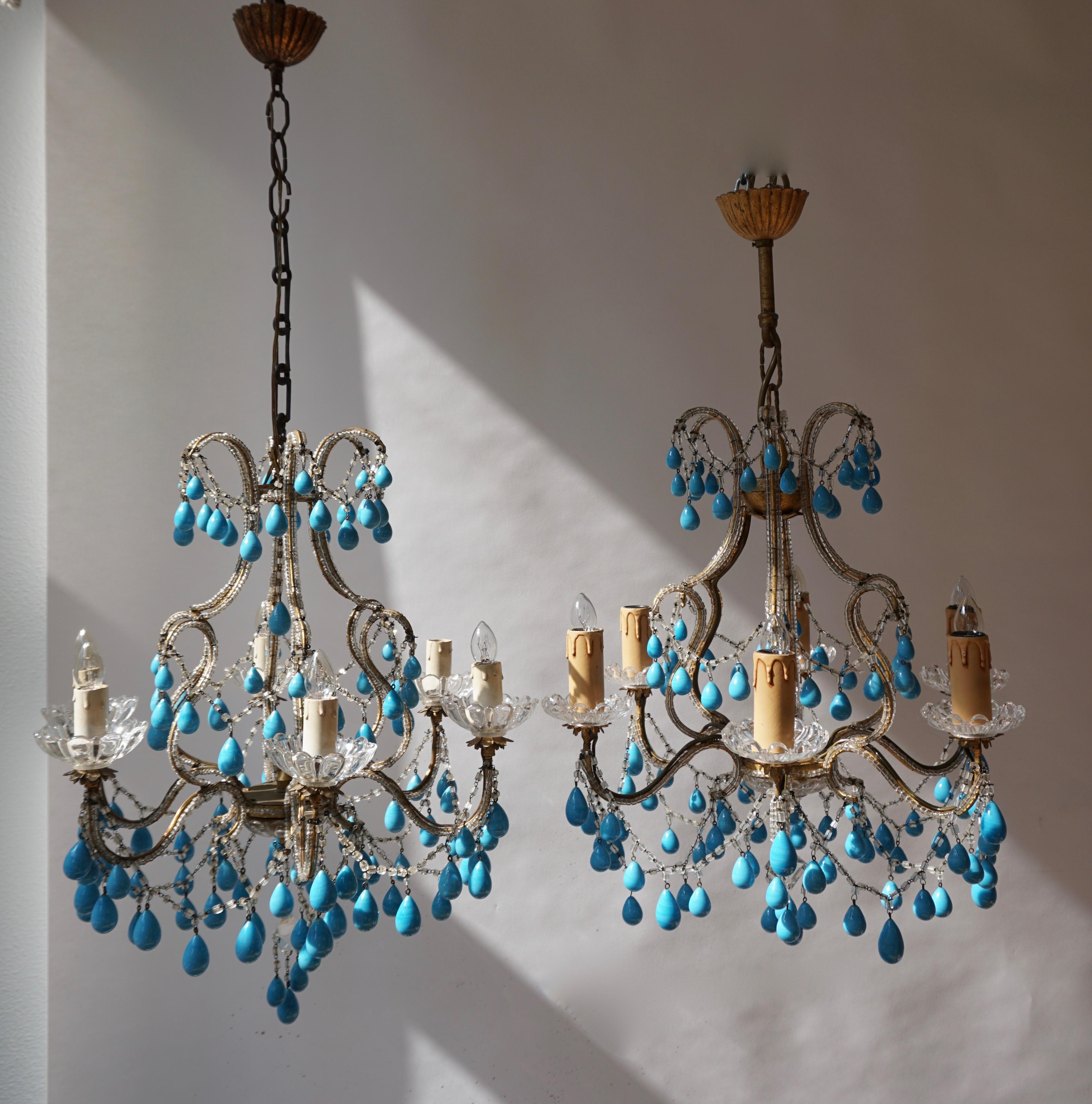Pair of Elegant Italian Chandeliers with Turquoise Stone In Good Condition For Sale In Antwerp, BE
