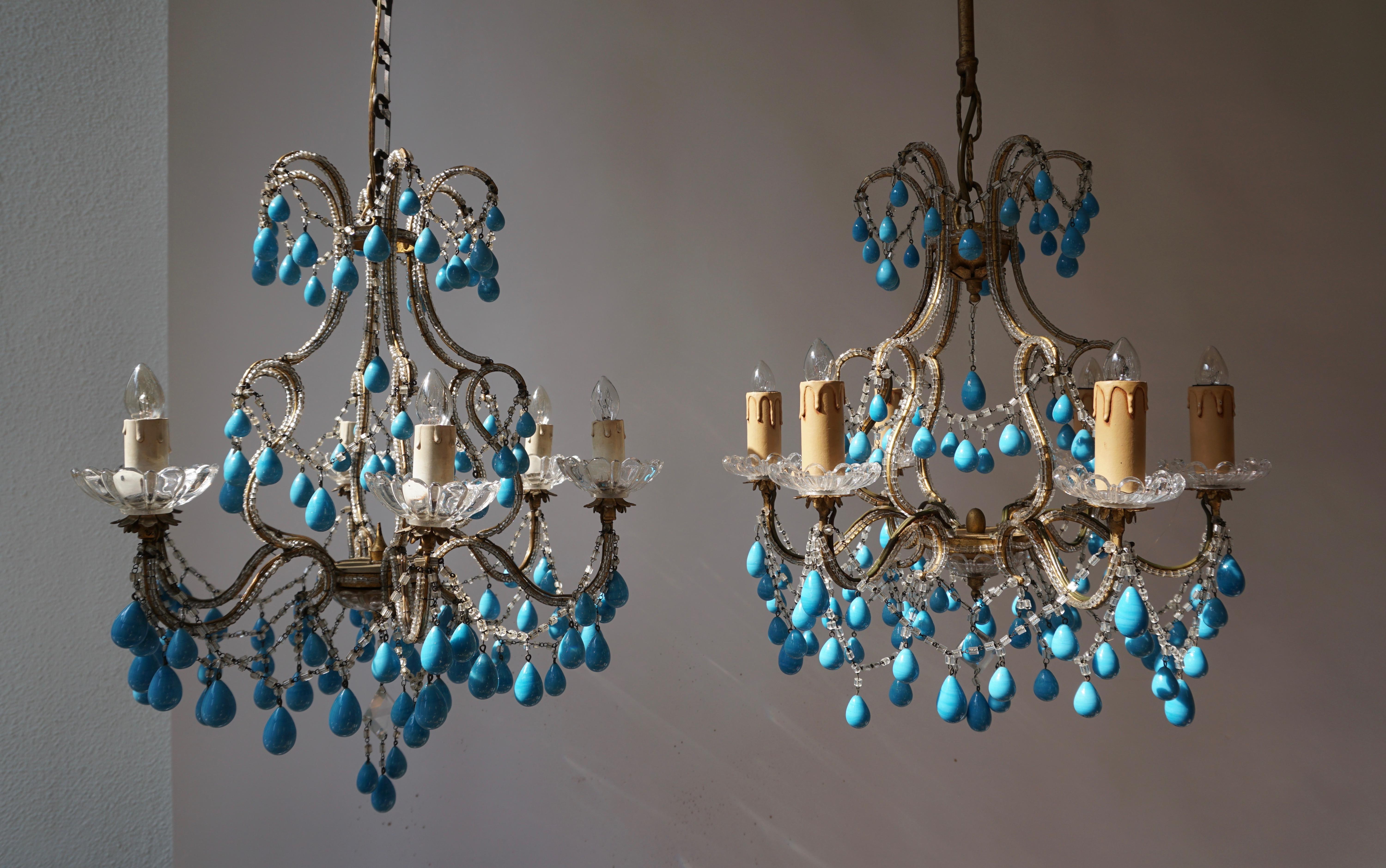Brass Pair of Elegant Italian Chandeliers with Turquoise Stone For Sale
