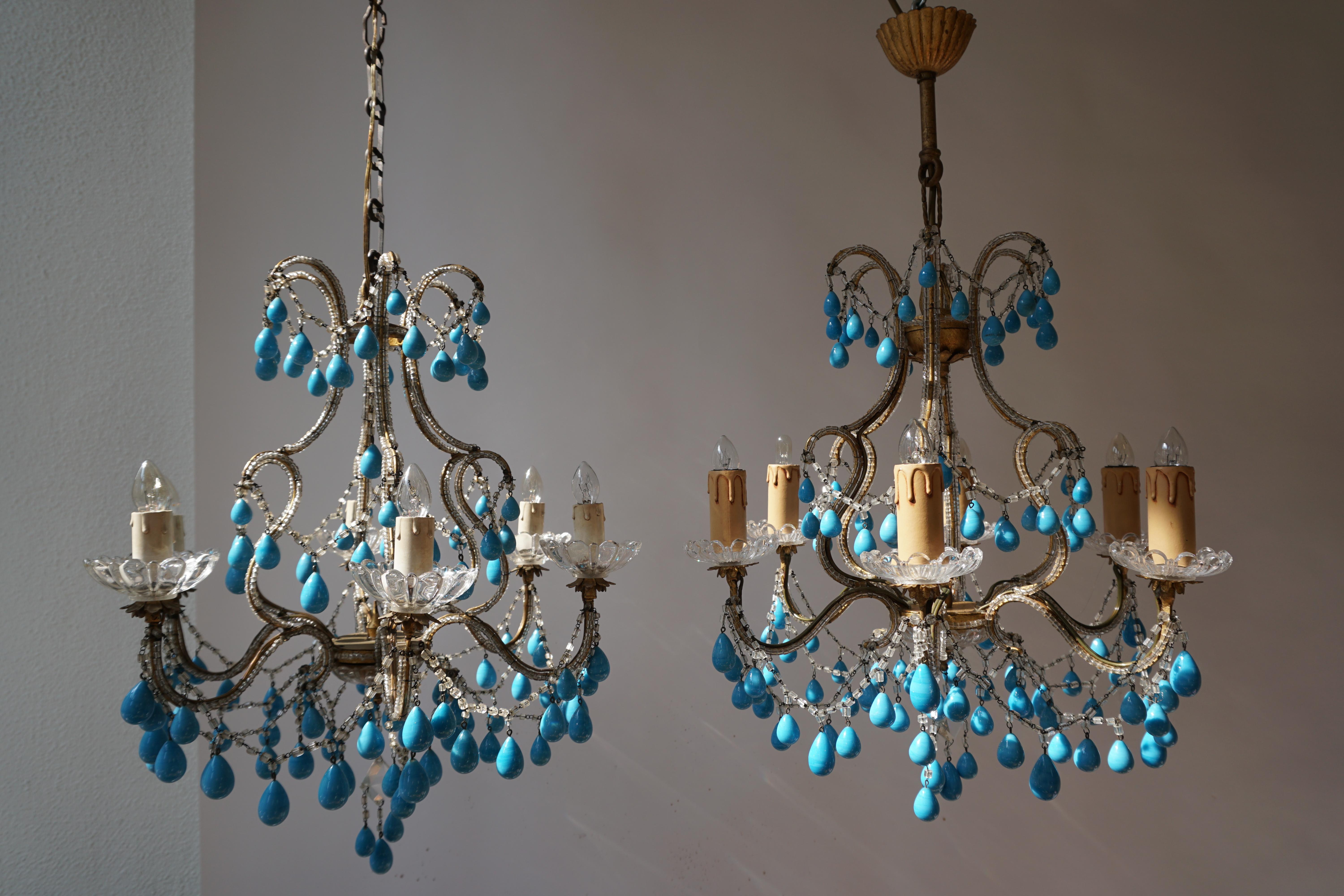 Pair of Elegant Italian Chandeliers with Turquoise Stone For Sale 1