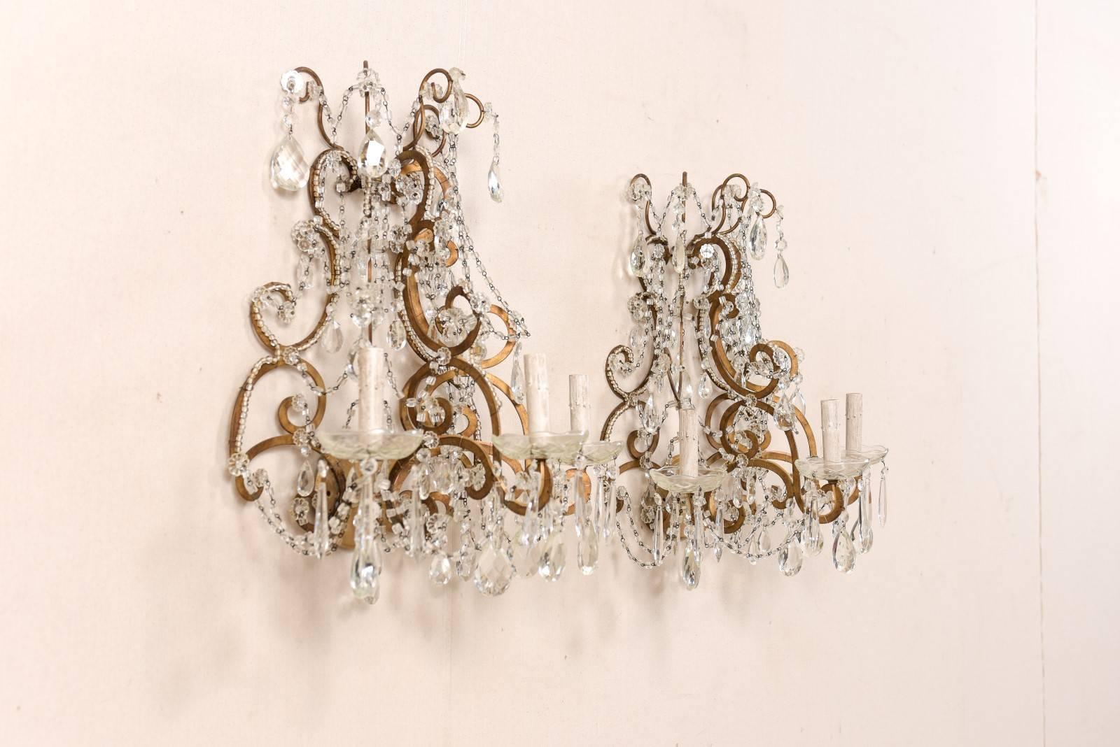 Cut Glass Pair of Elegant Italian Crystal and Gilded Metal Sconces, Mid-20th Century