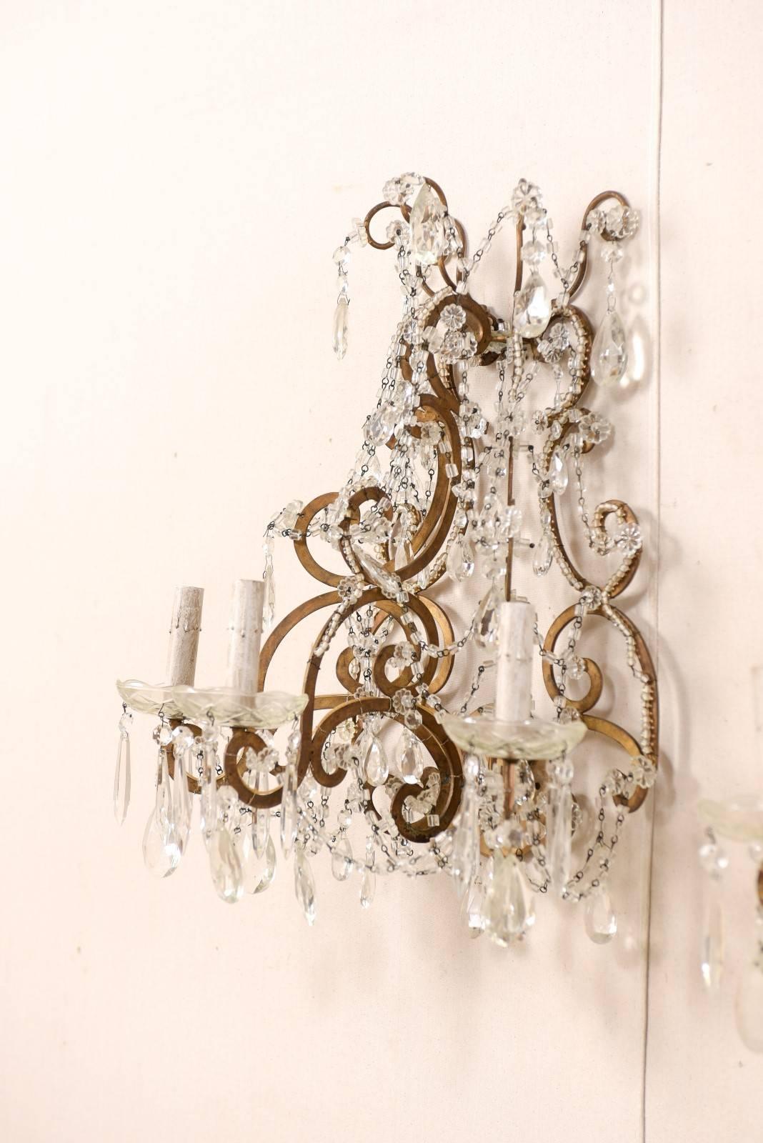 Pair of Elegant Italian Crystal and Gilded Metal Sconces, Mid-20th Century 2