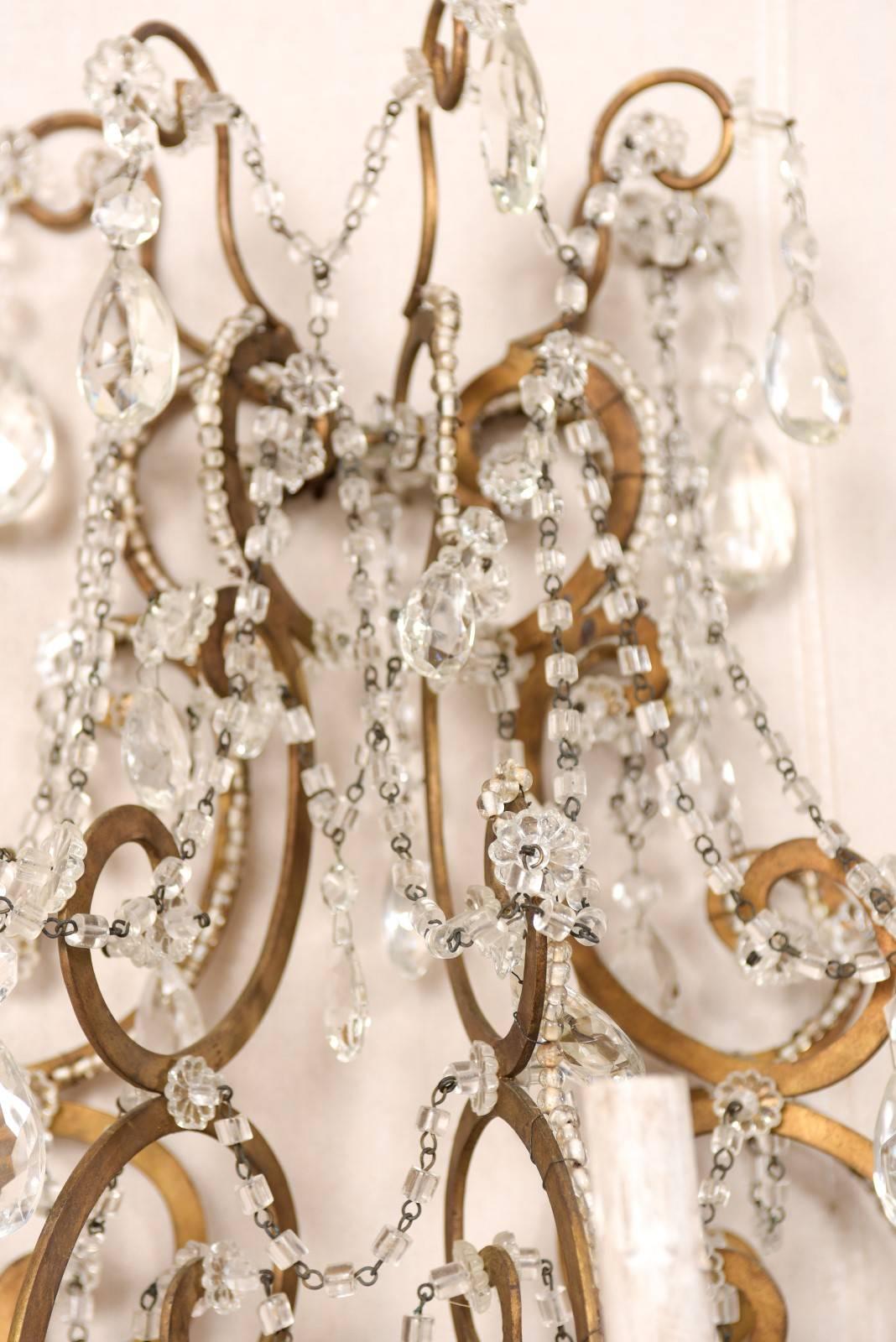 Pair of Elegant Italian Crystal and Gilded Metal Sconces, Mid-20th Century 4