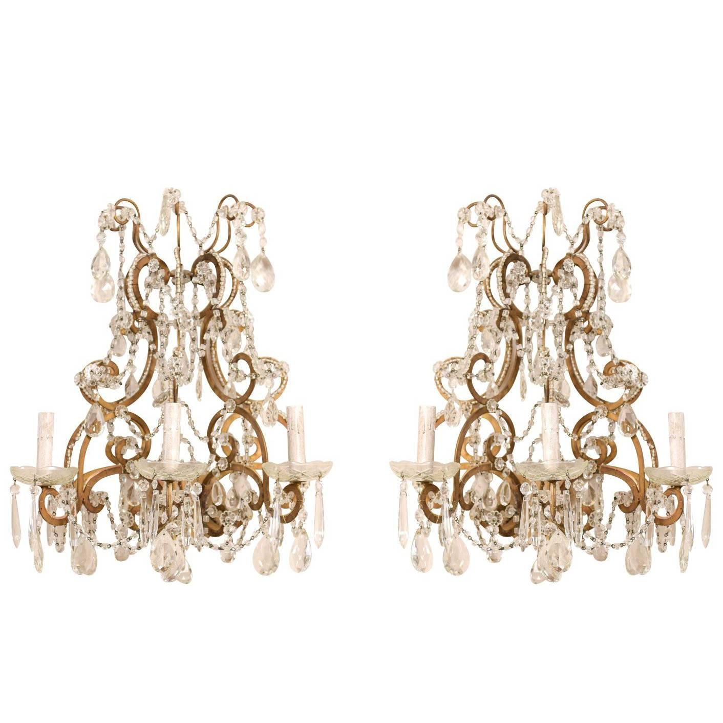 Pair of Elegant Italian Crystal and Gilded Metal Sconces, Mid-20th Century
