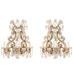 Pair of Elegant Italian Crystal and Gilded Metal Sconces, Mid-20th Century
